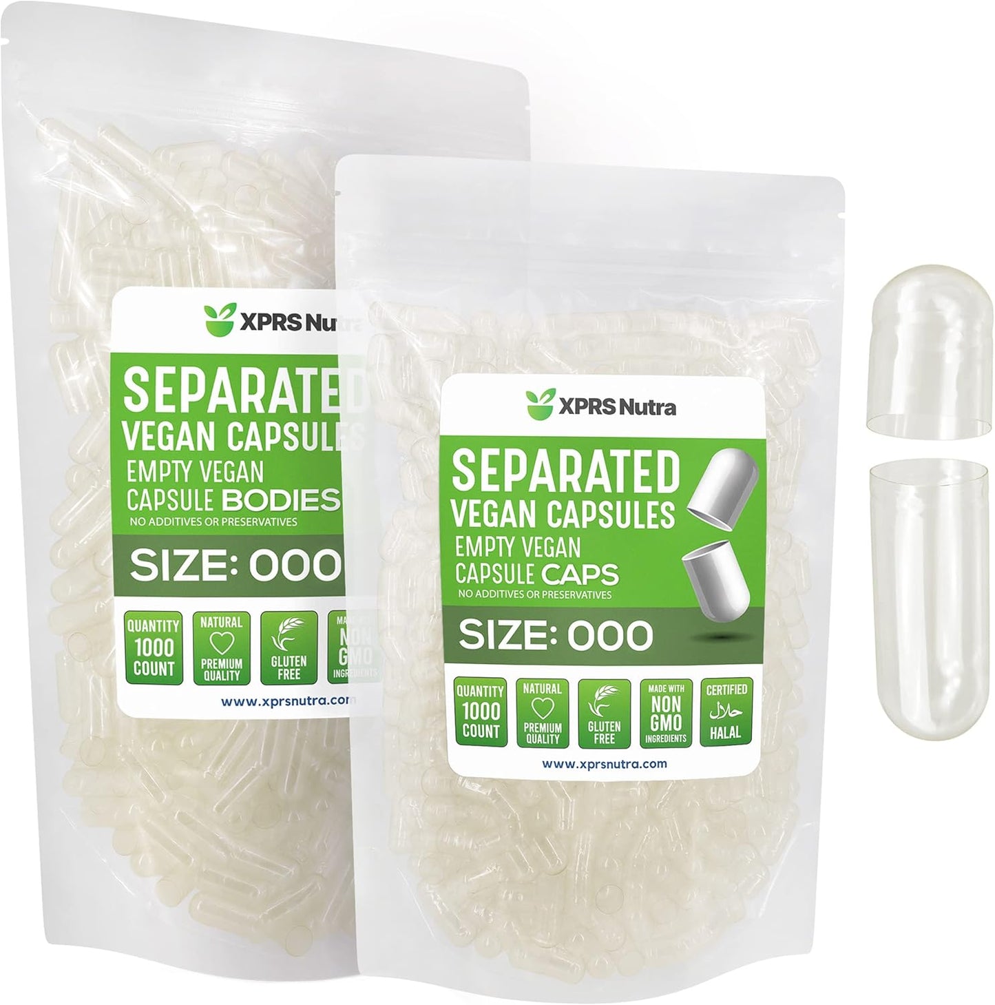 1000 Count XPRS Nutra Vegan Size 000 Empty Capsules Separated in Bags for DIY Supplement Filling