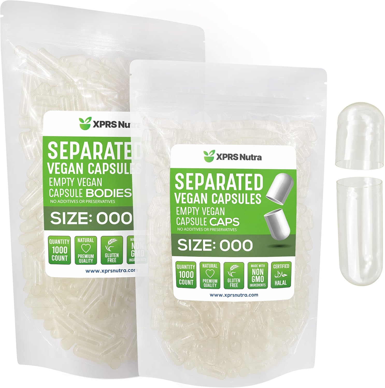 1000 Count XPRS Nutra Vegan Size 000 Empty Capsules Separated in Bags for DIY Supplement Filling