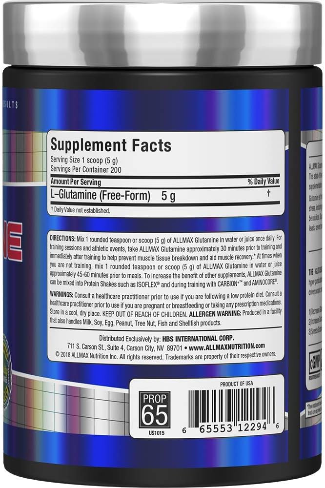 1000 Grams ALLMAX Nutrition L-Glutamine Powder for Muscle Recovery - Gluten-Free & Vegan Formula