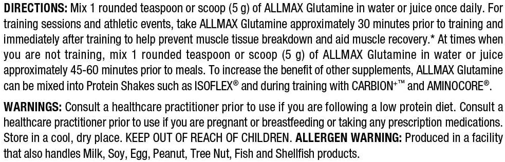 1000 Grams ALLMAX Nutrition L-Glutamine Powder for Muscle Recovery - Gluten-Free & Vegan Formula