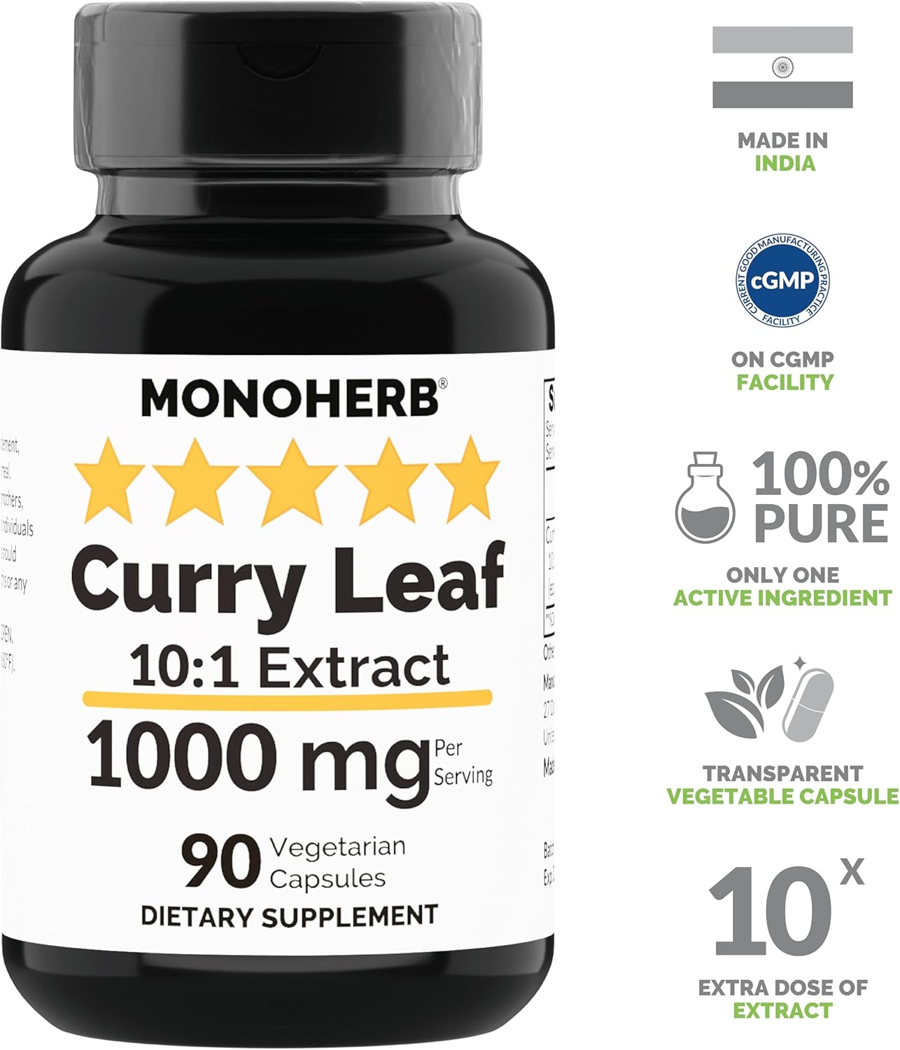 1000 mg Curry Leaf Extract Capsules - 90 Vegetarian Capsules by MONOHERB