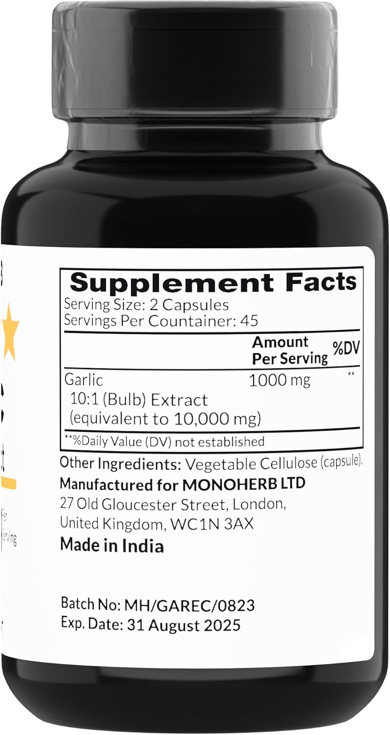 1000 mg Garlic Extract Capsules - 90 Vegetarian Capsules by MONOHERB