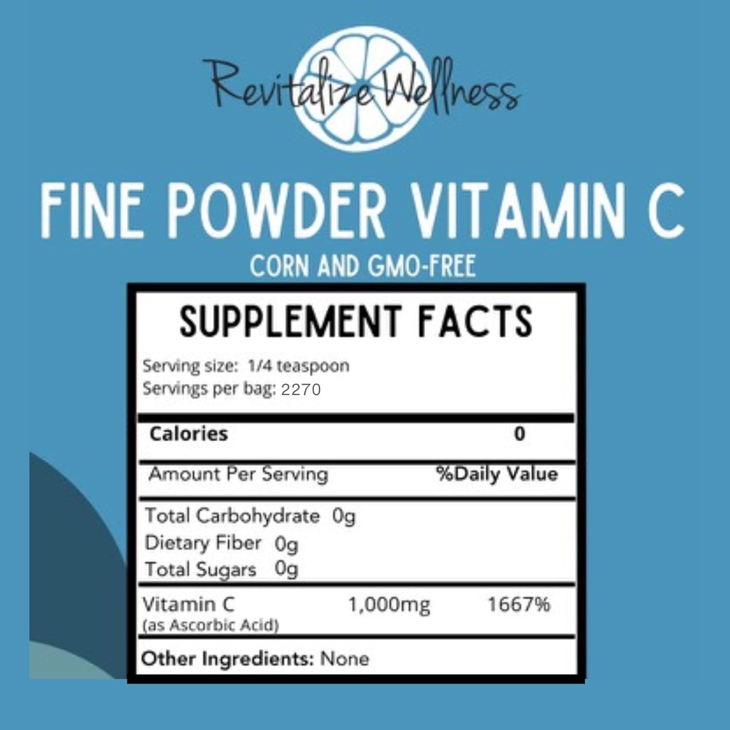 1000 mg Pure Ascorbic Acid Powder Vitamin C | Sugar & GMO-Free | Revitalize Wellness | 5 Lb Bag