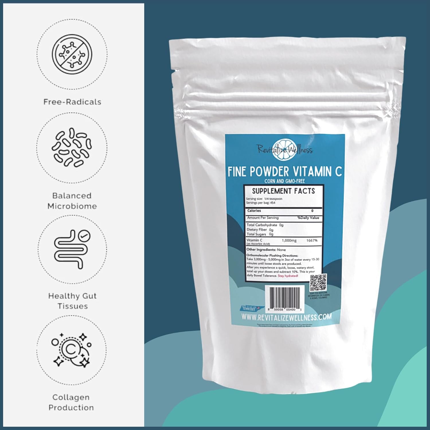 1000 mg Pure Ascorbic Acid Powder Vitamin C | Sugar & GMO-Free | Revitalize Wellness | 5 Lb Bag