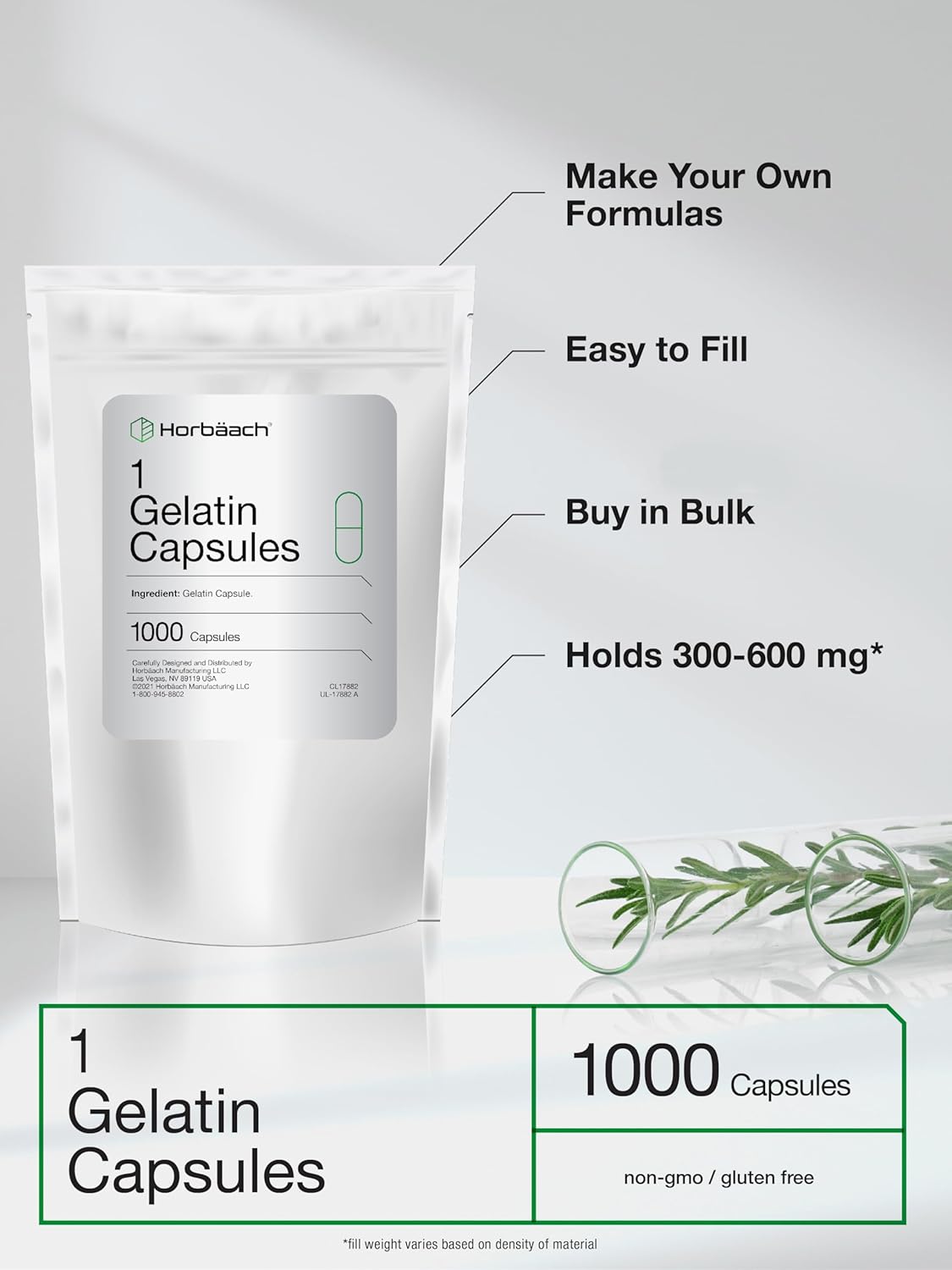 1000 Non-GMO Gluten Free Size 1 Gelatin Capsules by Horbäach