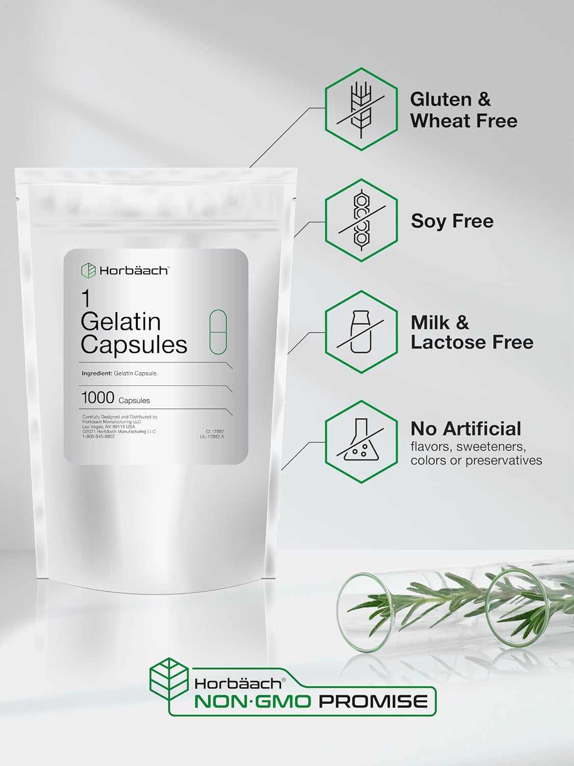 1000 Non-GMO Gluten Free Size 1 Gelatin Capsules by Horbäach