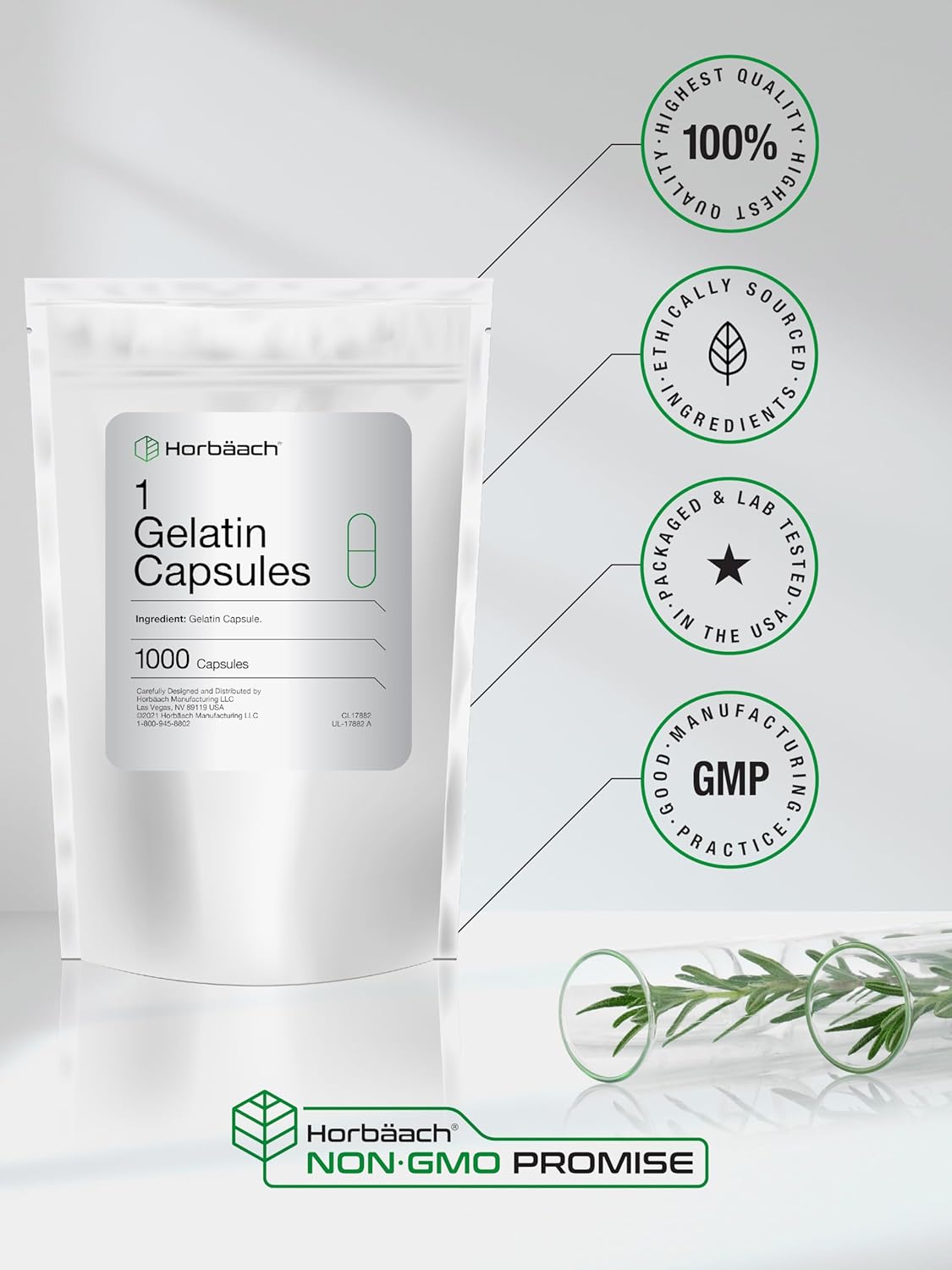 1000 Non-GMO Gluten Free Size 1 Gelatin Capsules by Horbäach