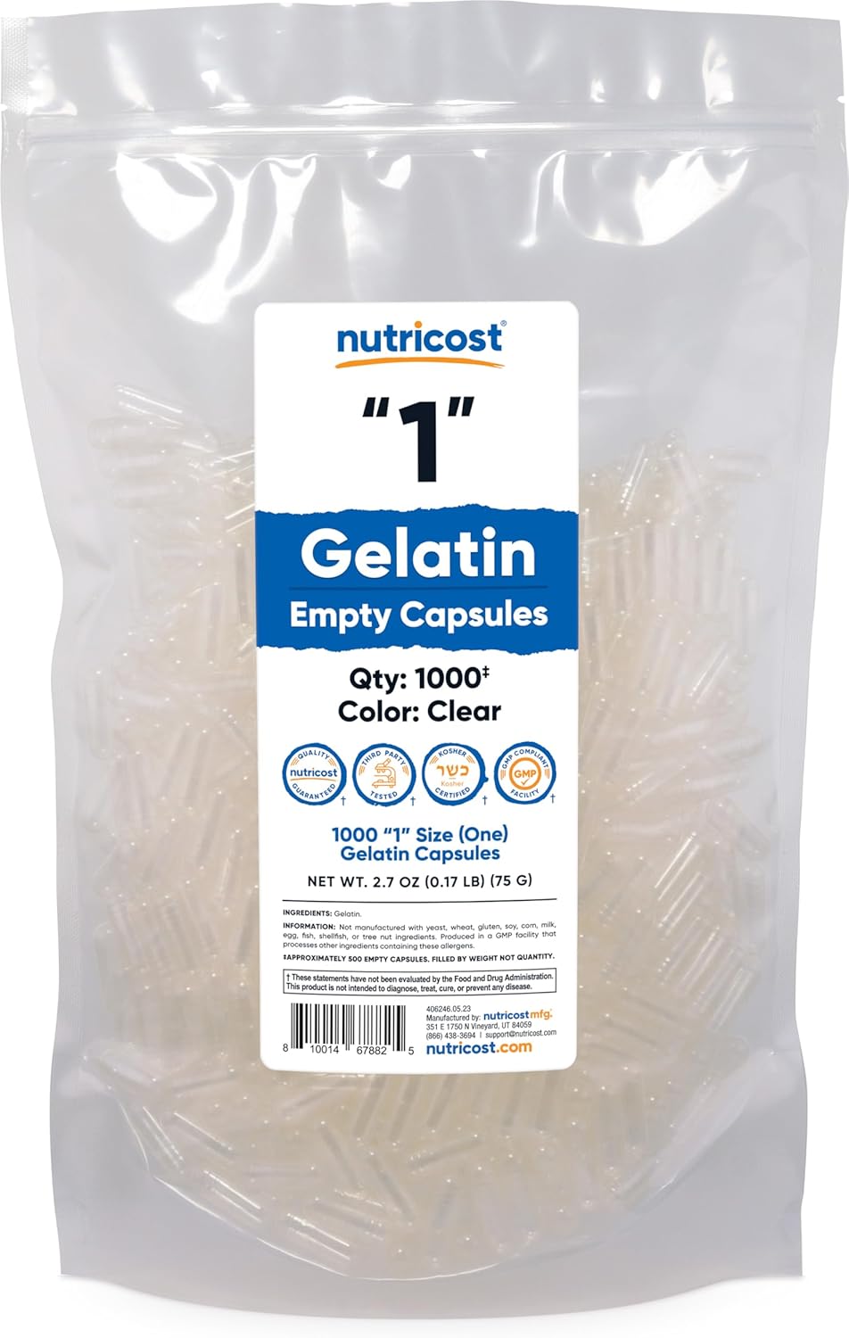 1000 Nutricost Clear Gelatin Size 1 Empty Capsules - Kosher, Non-GMO, Soy & Gluten Free