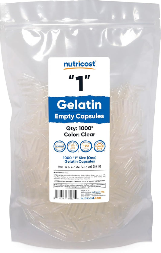 1000 Nutricost Clear Gelatin Size 1 Empty Capsules - Kosher, Non-GMO, Soy & Gluten Free