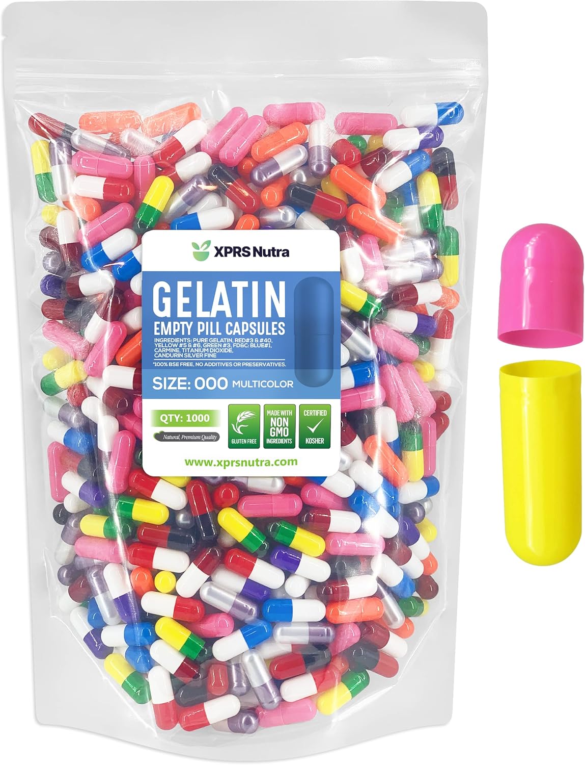 1000 Pack Size 000 Empty Gelatin Capsules for DIY Supplement Filling - Fillable Pill Capsules in Multi Colors by XPRS Nutra