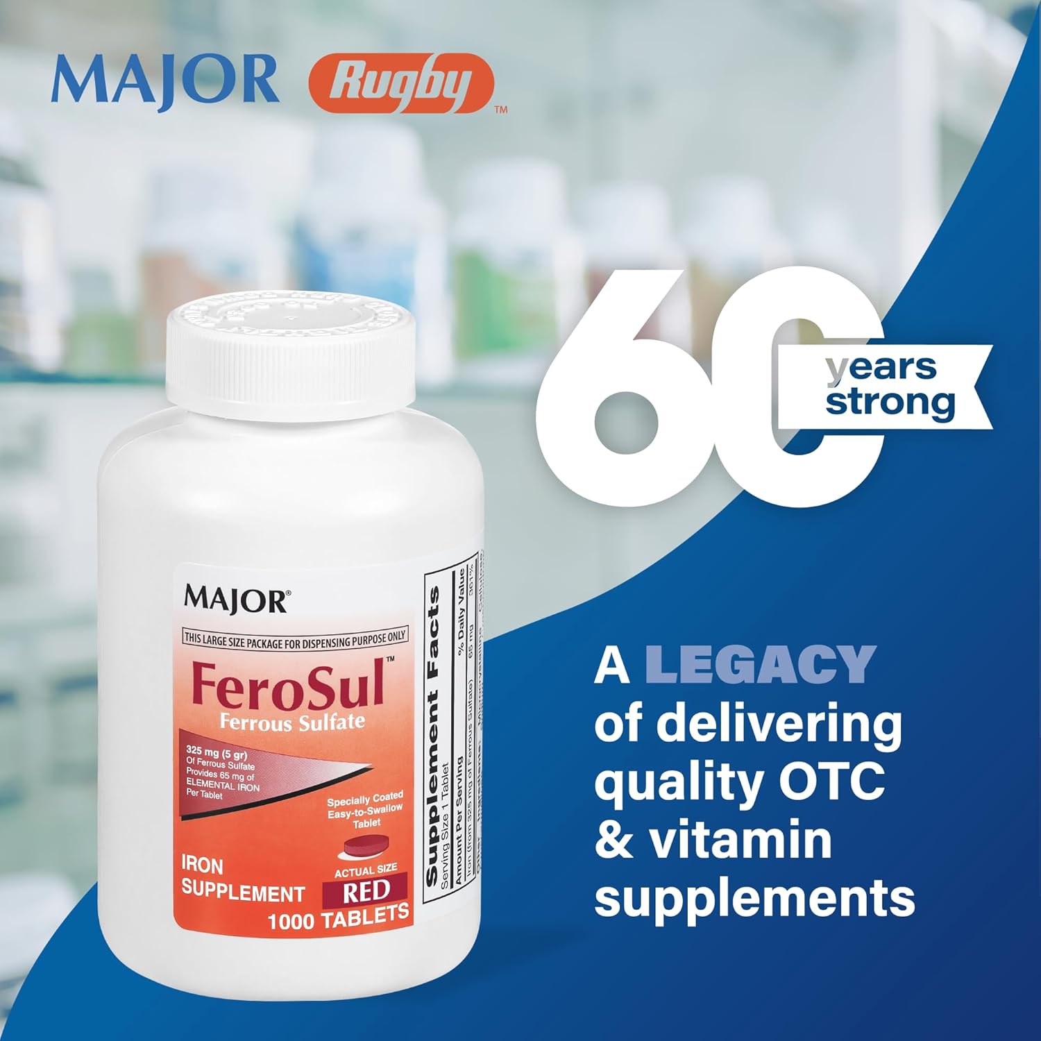 1000 Tablets of Major Ferosul 5GR FC Red Tabs Ferrous Sulfate 325mg - UPC 309047590803