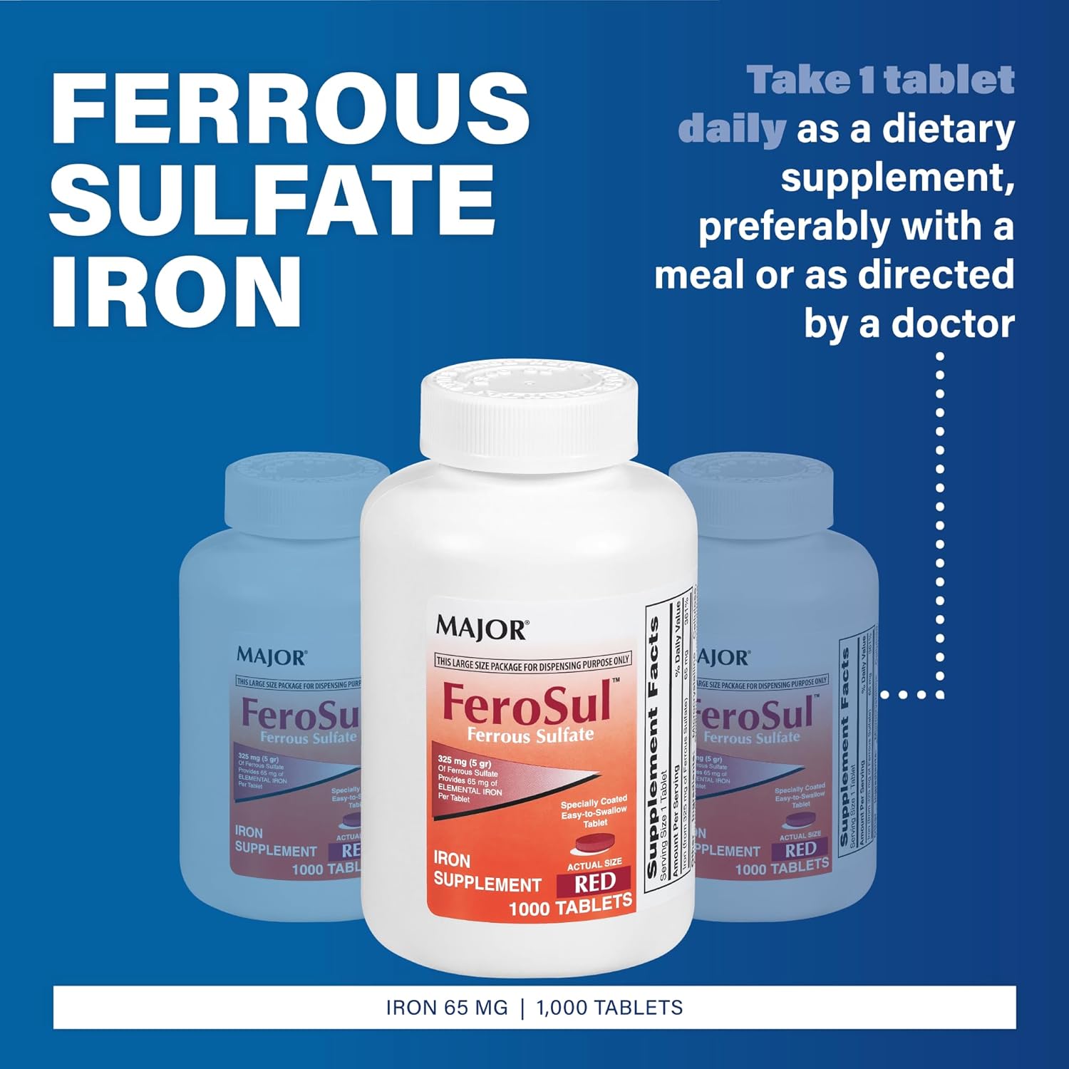 1000 Tablets of Major Ferosul 5GR FC Red Tabs Ferrous Sulfate 325mg - UPC 309047590803