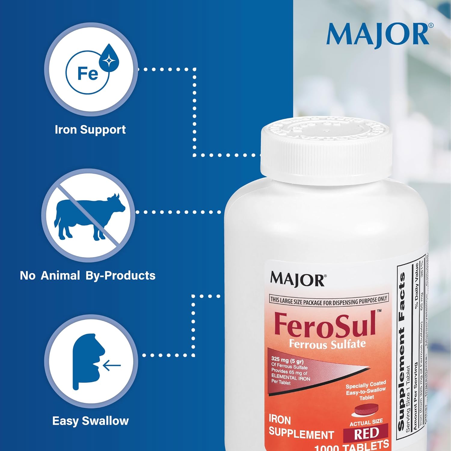 1000 Tablets of Major Ferosul 5GR FC Red Tabs Ferrous Sulfate 325mg - UPC 309047590803