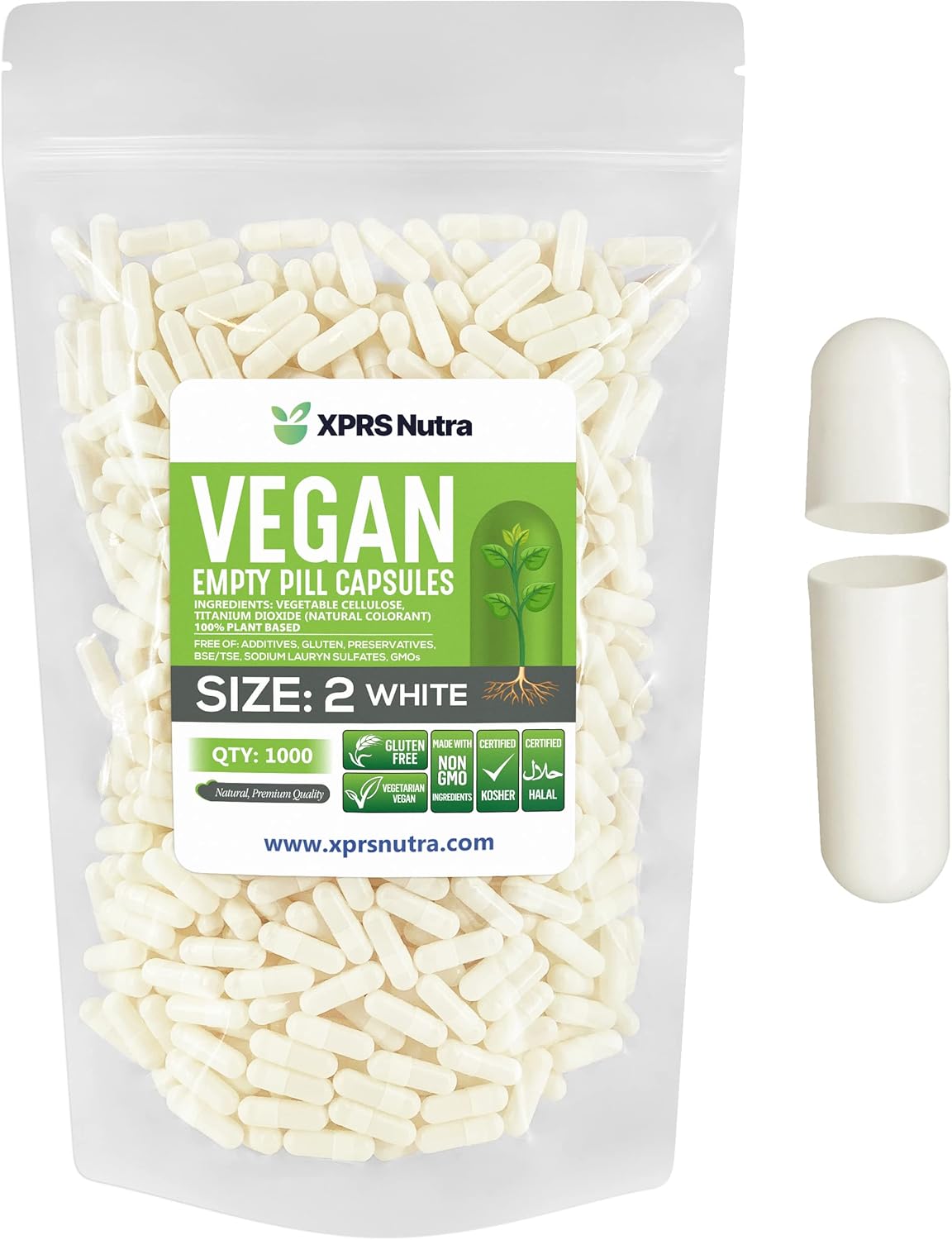 1000 Vegan Empty Capsules for DIY Vegetable Filling - XPRS Nutra Size 2 Empty Pill Capsules - Vegetarian Veggie Caps Pills (White)