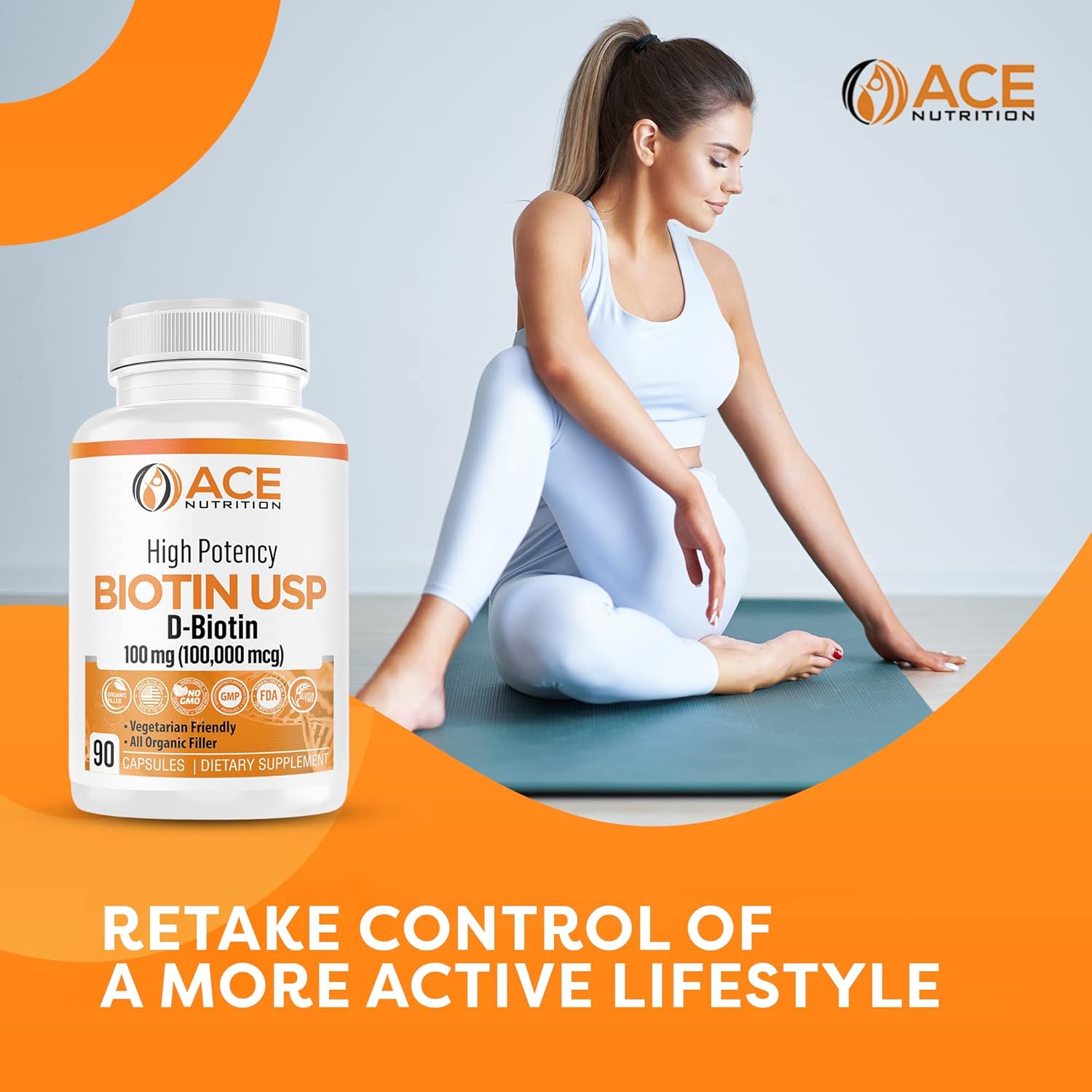 100,000mcg High Potency Biotin Capsules for Hair, Skin & Myelin Health - Organic, Vegetarian, Made in USA (100mg/90ct)