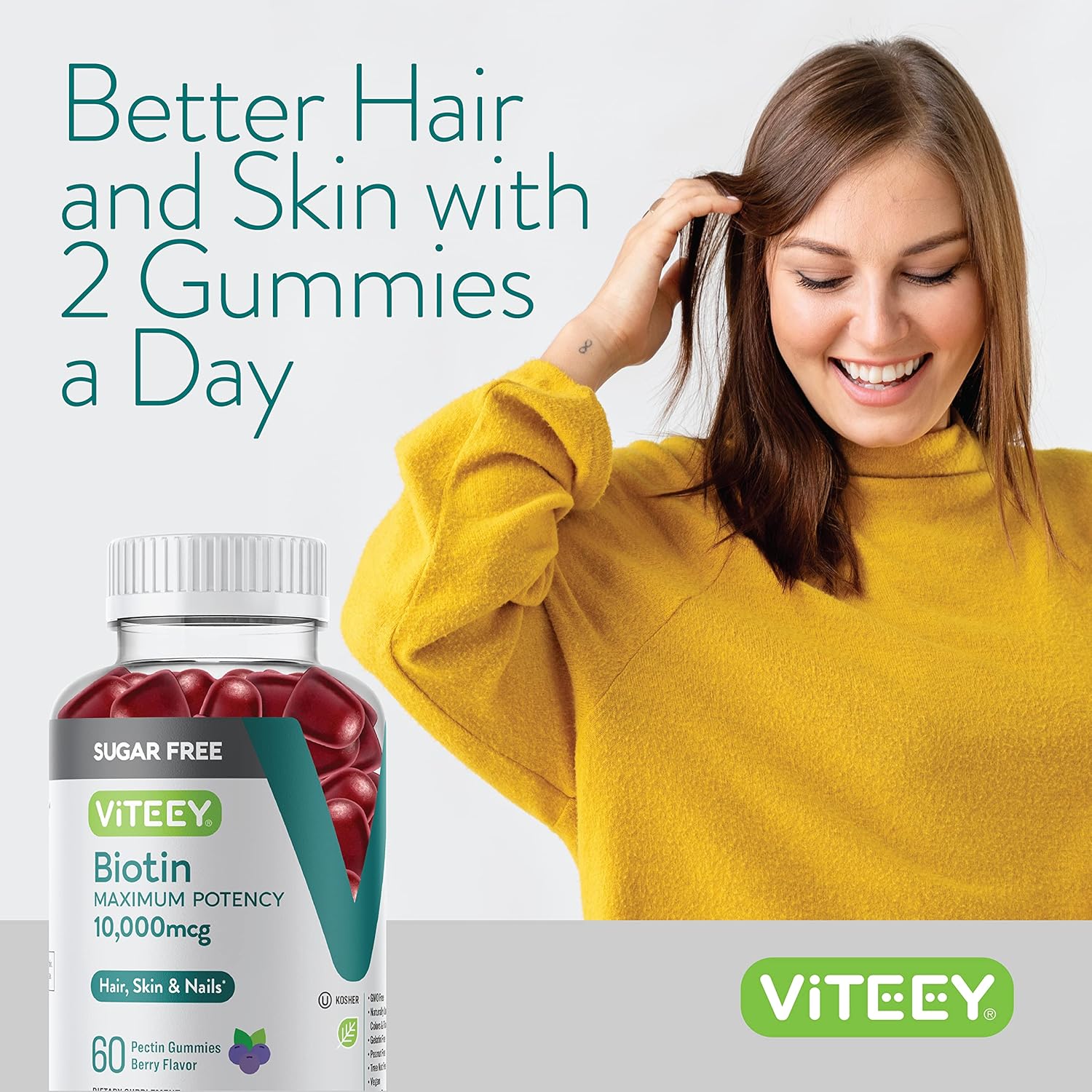 10,000mcg Biotin Gummies for Hair, Skin, Nails - Sugar-Free - Hair Growth, Healthy Skin, Strong Nails - Vegan, Gluten-Free - Berry Flavor