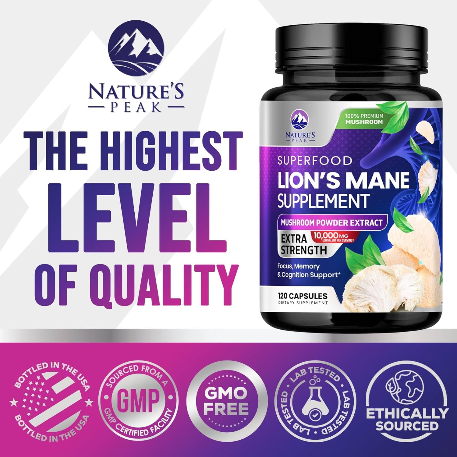 10,000mg Lions Mane Mushroom Capsules for Memory, Focus, Brain & Immune Health - 120 Capsules