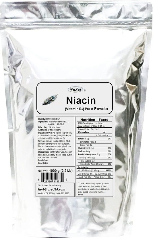 1000g Niacin Vitamin B3 Pure Powder Supplement by NuSci - 2.2 lb Size