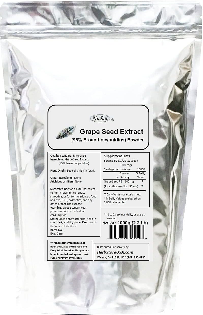 1000g NuSci Grape Seed Extract Powder (Europe) 95% Proanthocyanidins OPC - Non-GMO, Non-Irradiated, Europe Grown