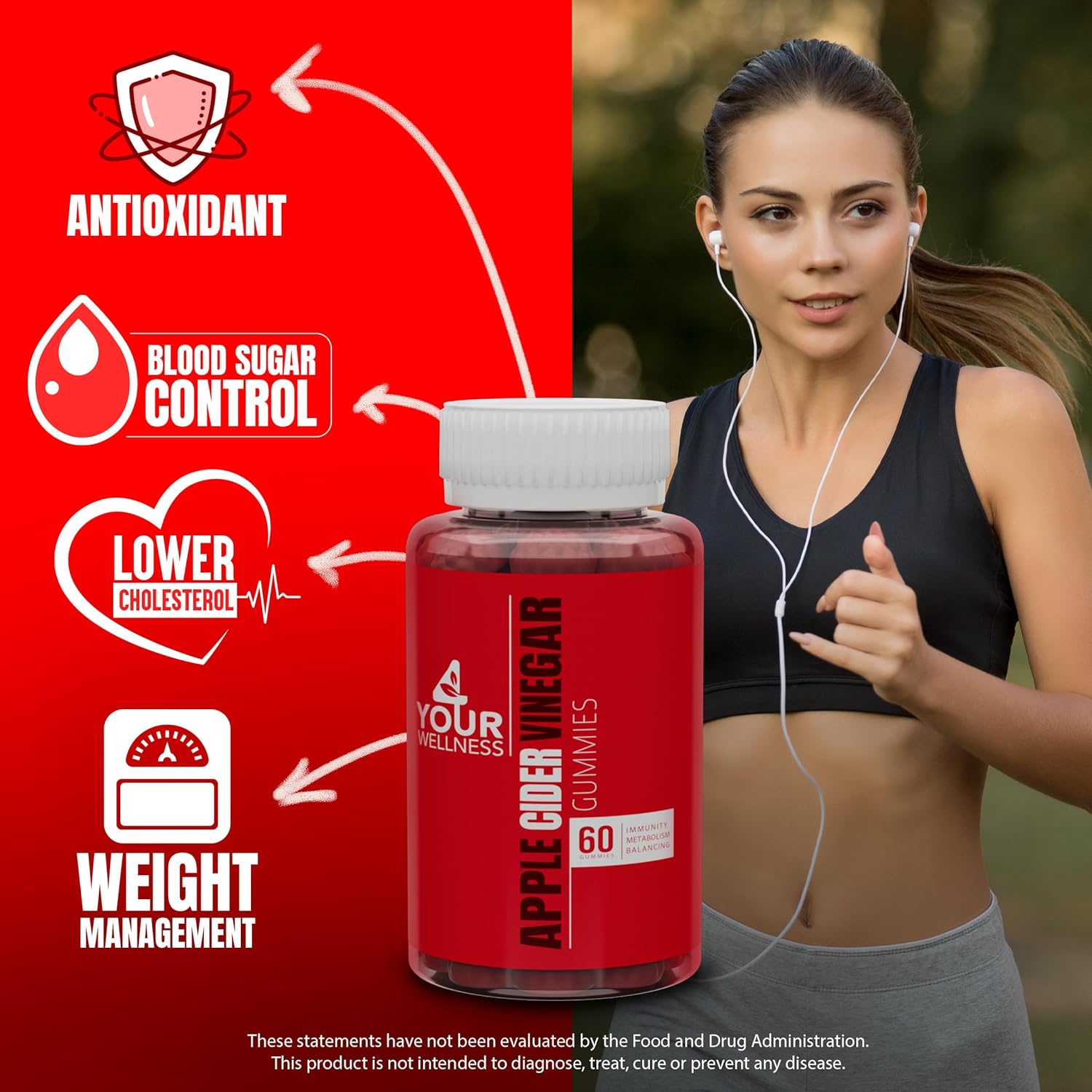 1000mg All-Natural Apple Cider Vinegar Gummies - Vegan, Non-GMO, Gluten-Free - 60 Count