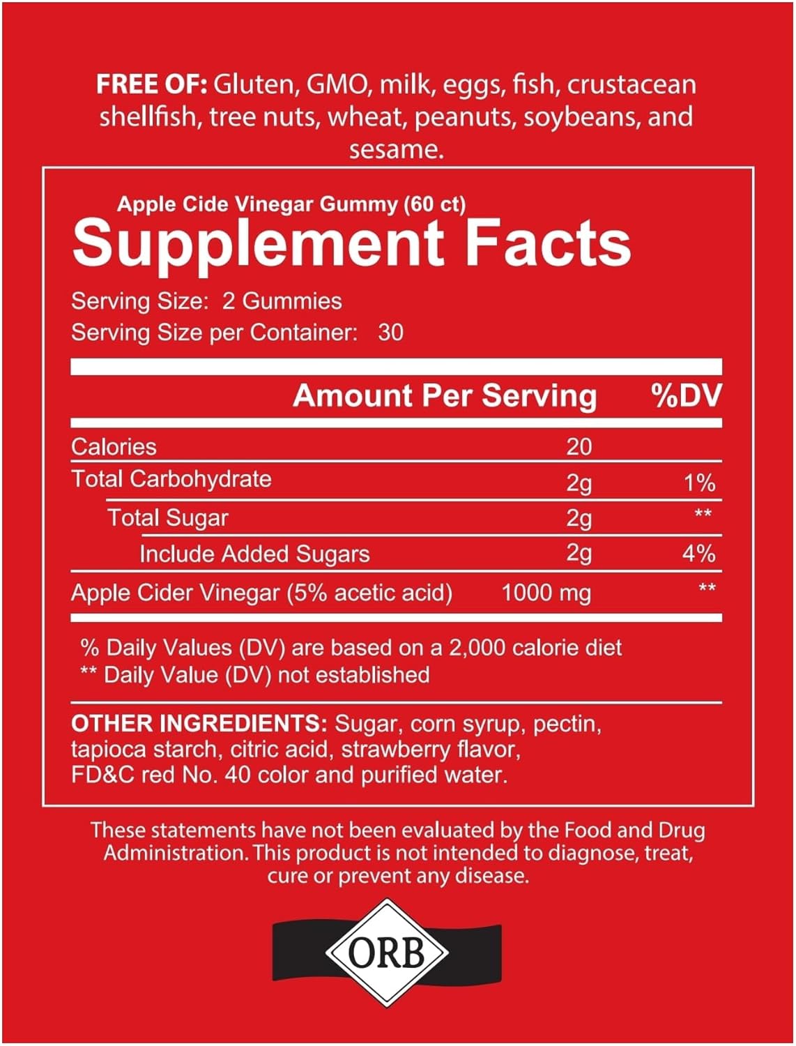 1000mg All-Natural Apple Cider Vinegar Gummies - Vegan, Non-GMO, Gluten-Free - 60 Count