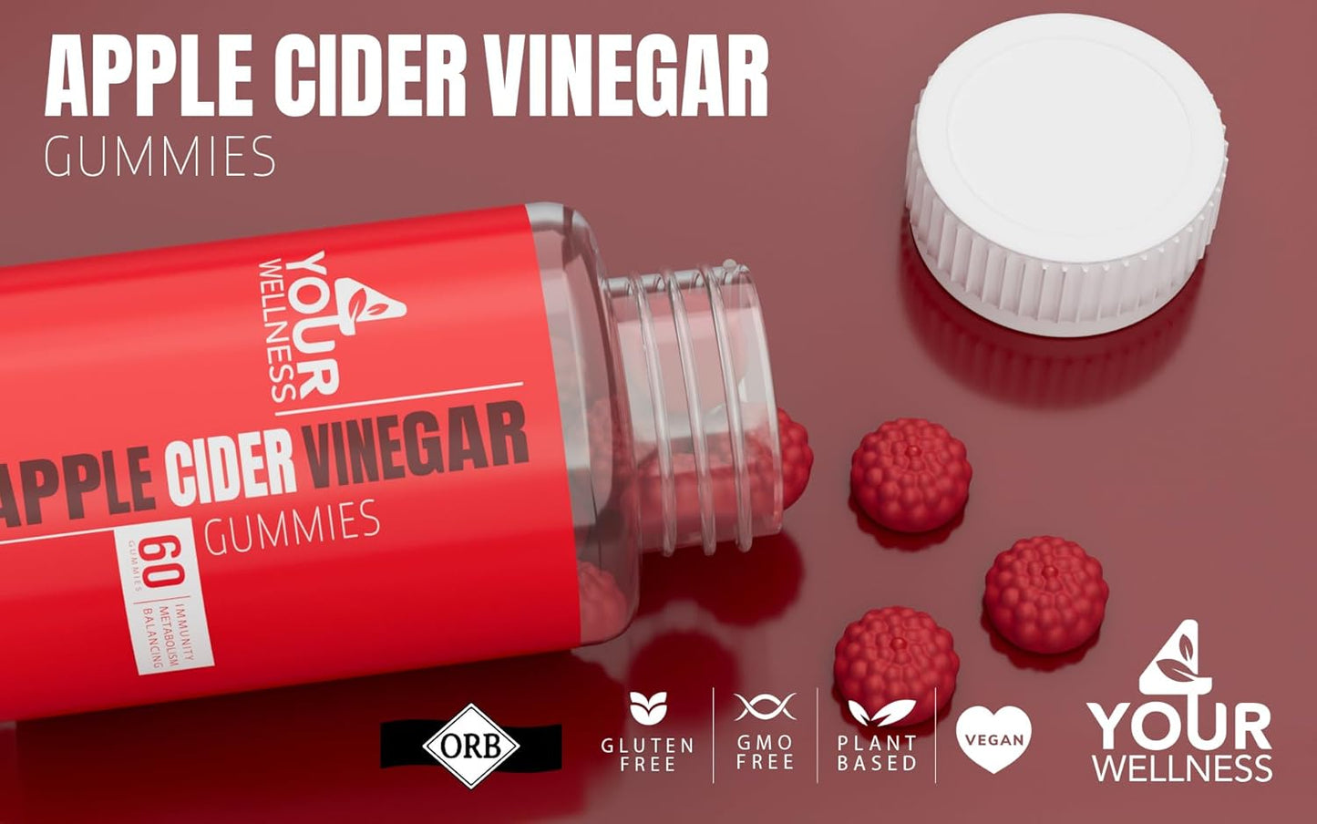 1000mg All-Natural Apple Cider Vinegar Gummies - Vegan, Non-GMO, Gluten-Free - 60 Count