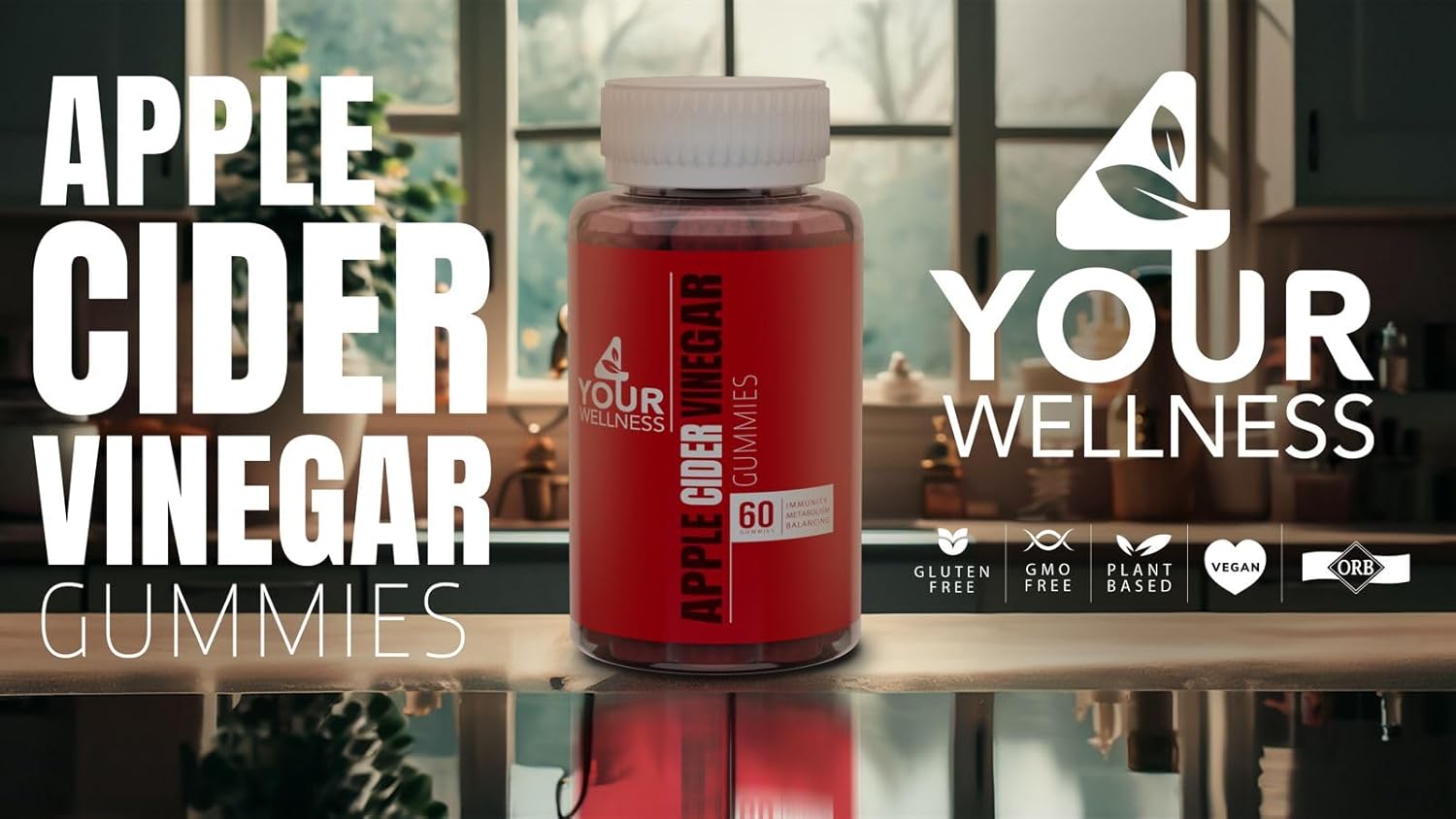 1000mg All-Natural Apple Cider Vinegar Gummies - Vegan, Non-GMO, Gluten-Free - 60 Count