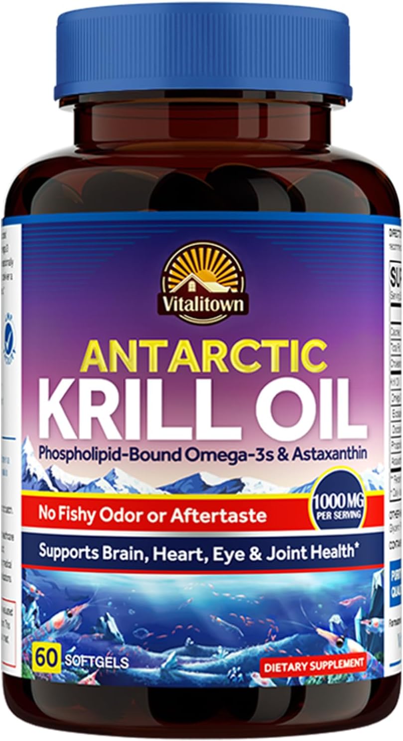 1000mg Antarctic Krill Oil Softgels with Omega-3 EPA, DHA, Astaxanthin - Brain, Heart, Eye Health Support - No Fishy Odor