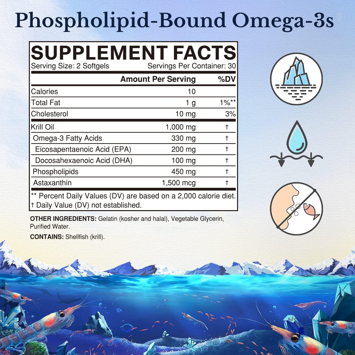 1000mg Antarctic Krill Oil Softgels with Omega-3 EPA, DHA, Astaxanthin - Brain, Heart, Eye Health Support - No Fishy Odor