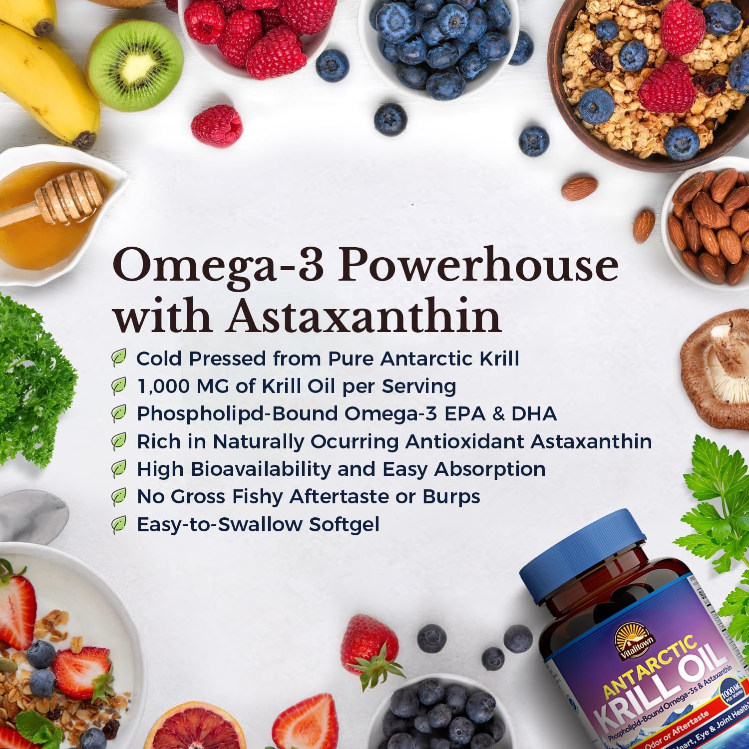 1000mg Antarctic Krill Oil Softgels with Omega-3 EPA, DHA, Astaxanthin - Brain, Heart, Eye Health Support - No Fishy Odor