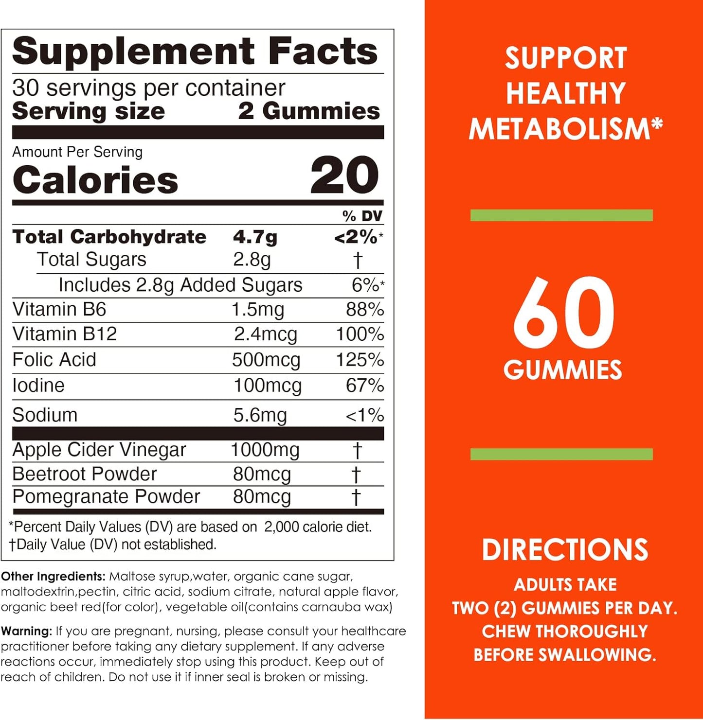 1000mg Apple Cider Vinegar Gummies for Slimming Formula & Detox | 60 Count Vegan Non-GMO Gluten Free Gummy with Folic Acid B6 B12 Beetroot Pomegranate