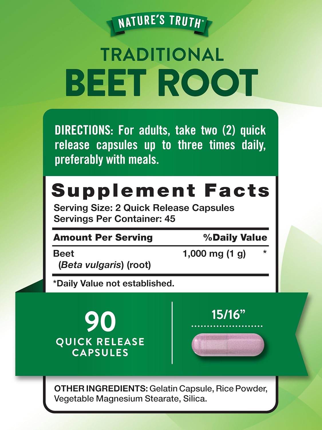 1000mg Beet Root Capsules - 90 Pills Herbal Extract Supplement - Gluten Free & Non-GMO by Nature's Truth