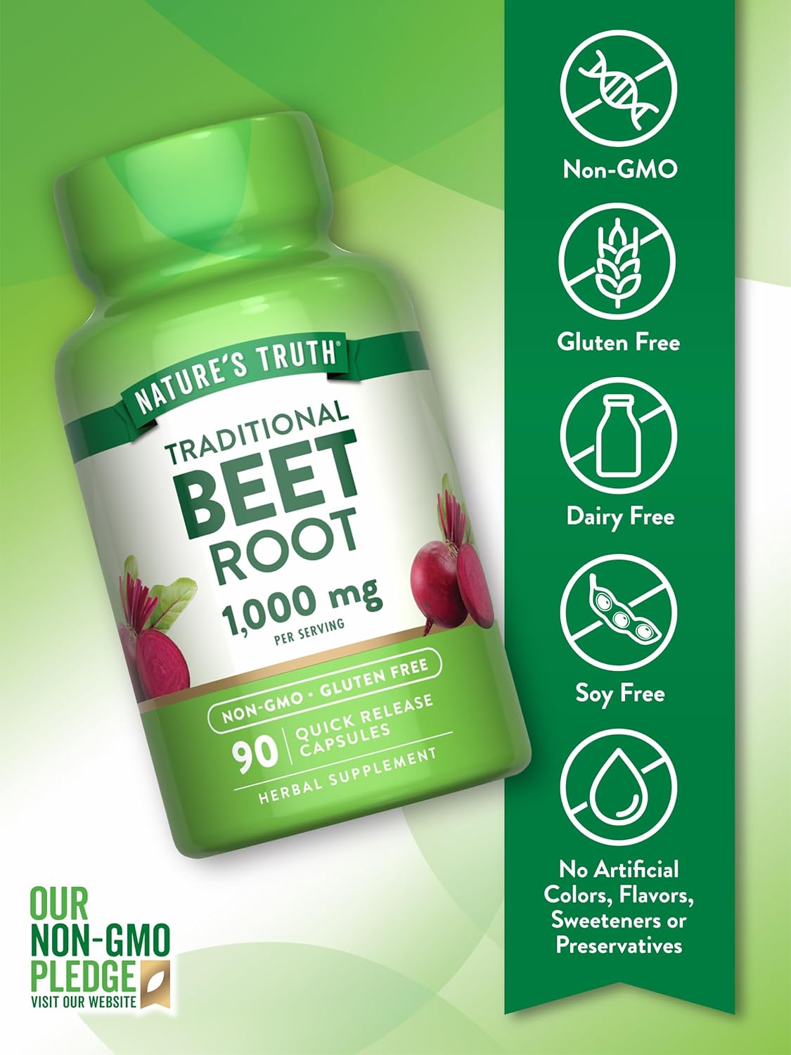 1000mg Beet Root Capsules - 90 Pills Herbal Extract Supplement - Gluten Free & Non-GMO by Nature's Truth
