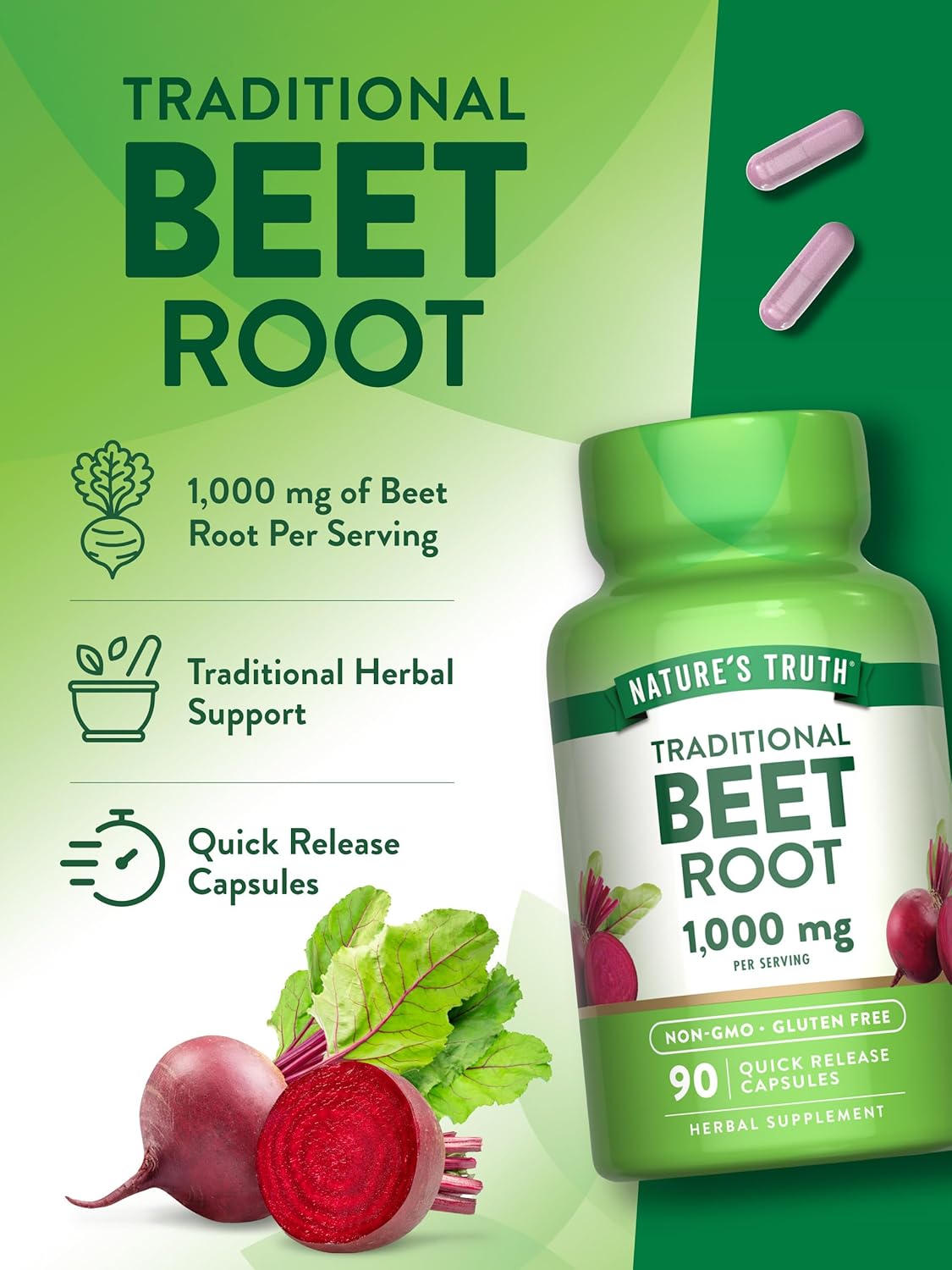 1000mg Beet Root Capsules - 90 Pills Herbal Extract Supplement - Gluten Free & Non-GMO by Nature's Truth