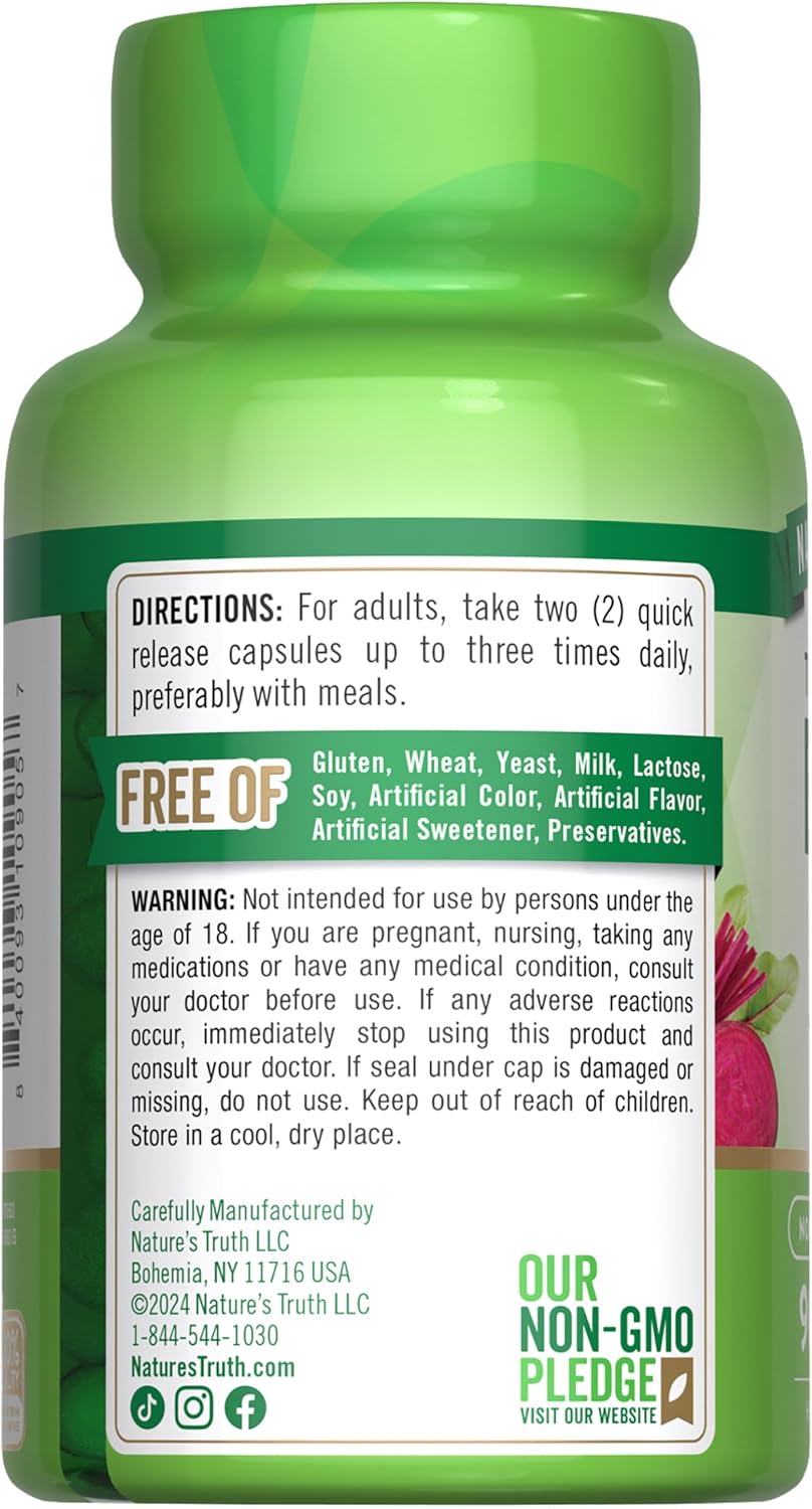 1000mg Beet Root Capsules - 90 Pills Herbal Extract Supplement - Gluten Free & Non-GMO by Nature's Truth