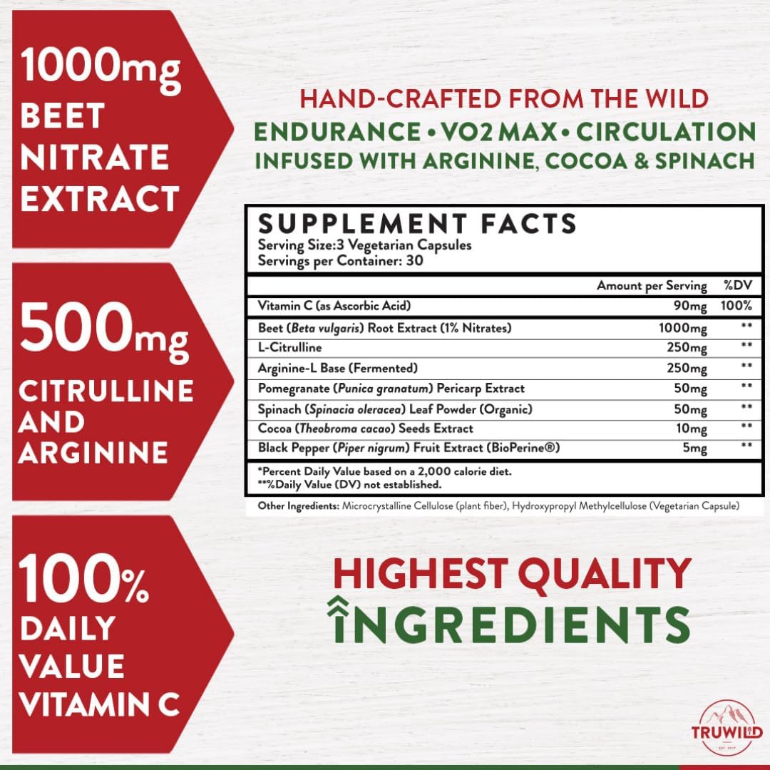 1000mg Beet Root Powder Capsules for Performance & Stamina - Vegan Superfood Supplement Supports Overall Health & Nitric Oxide Booster, 30 Servings