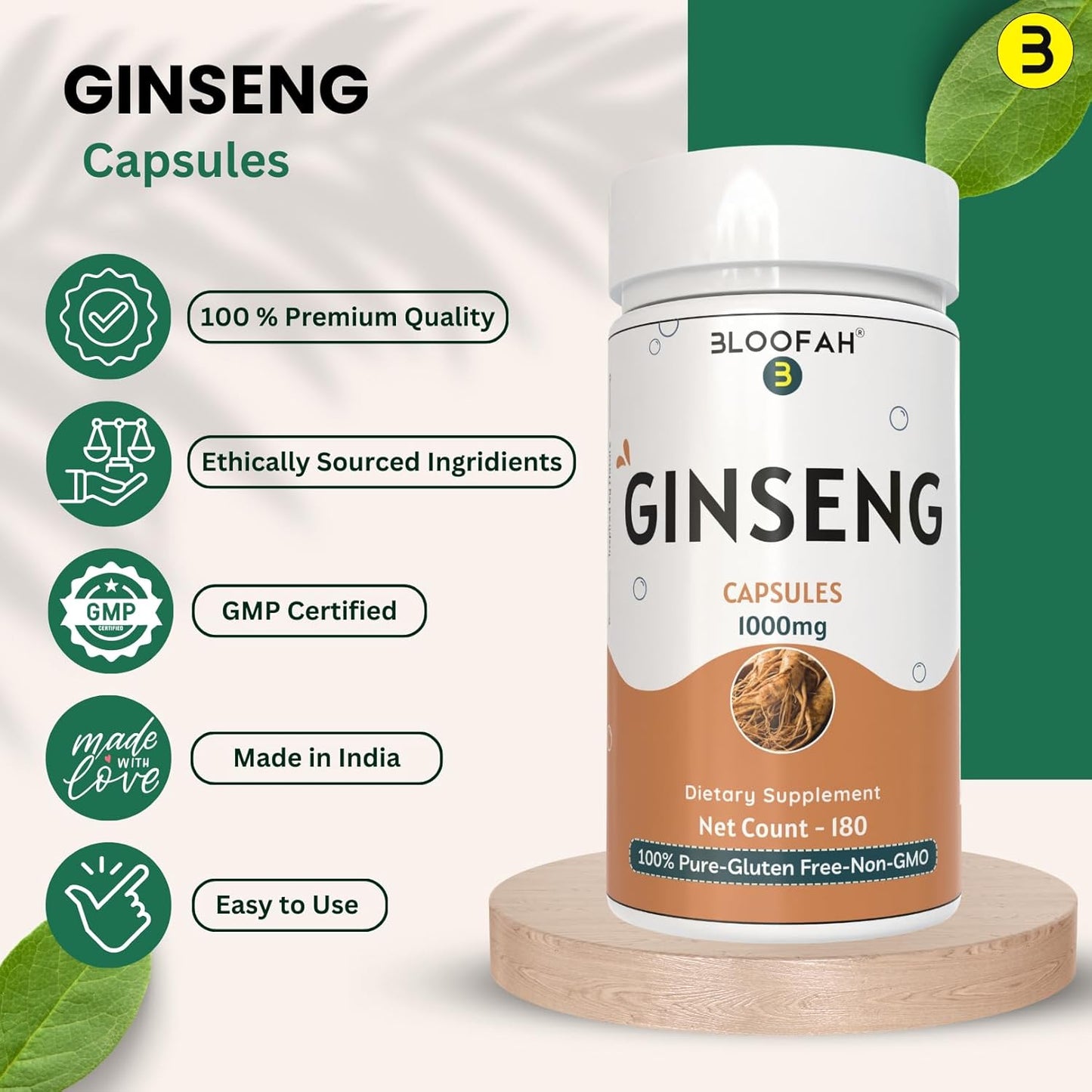 1000mg Bloofah Ginseng Capsules - Panax Ginseng Herbal Supplement for Daily Energy and Wellness - Non-GMO, Gluten-Free (180 Count)