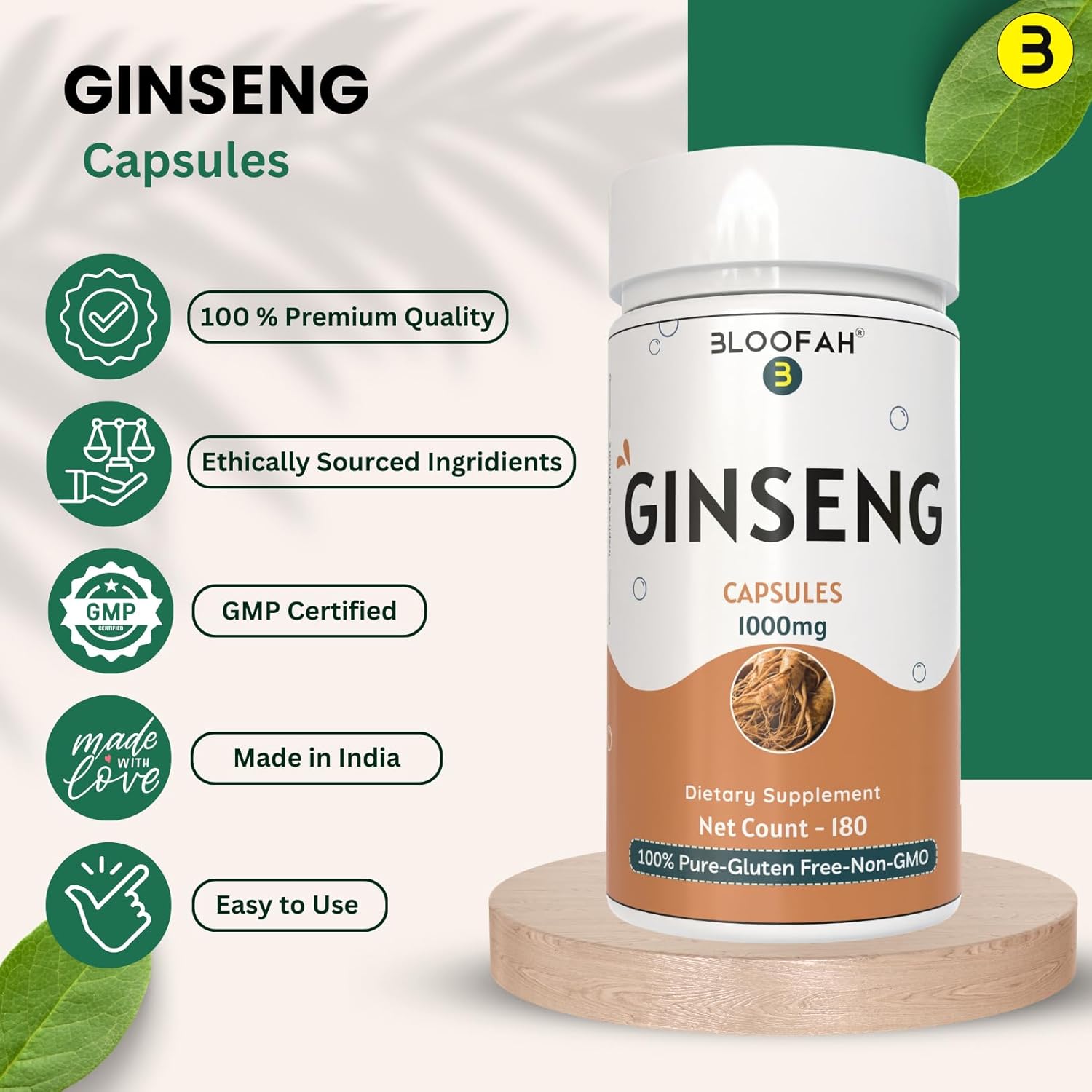 1000mg Bloofah Ginseng Capsules - Panax Ginseng Herbal Supplement for Daily Energy and Wellness - Non-GMO, Gluten-Free (180 Count)