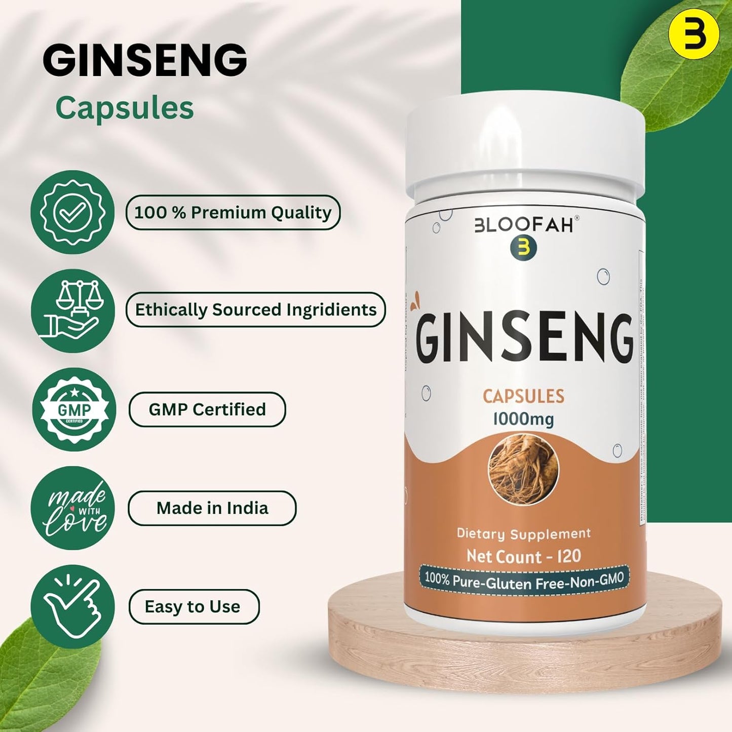 1000mg Bloofah Ginseng Capsules - Panax Ginseng Root Herbal Supplement - Non-GMO, Gluten-Free - GMP-Certified - Traditional Wellness Formula - 120 Count (1 Pack)