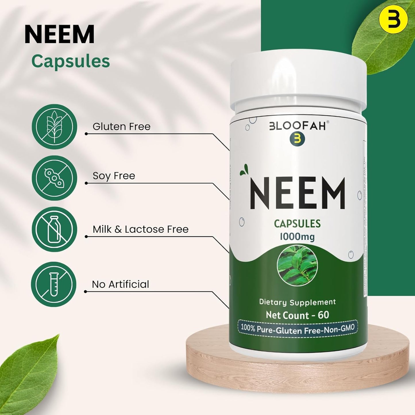 1000mg Bloofah Neem Leaf Capsules Powder | Pure Azadirachta Indica Herbal Supplement | Non-GMO, Gluten-Free (60 Count)