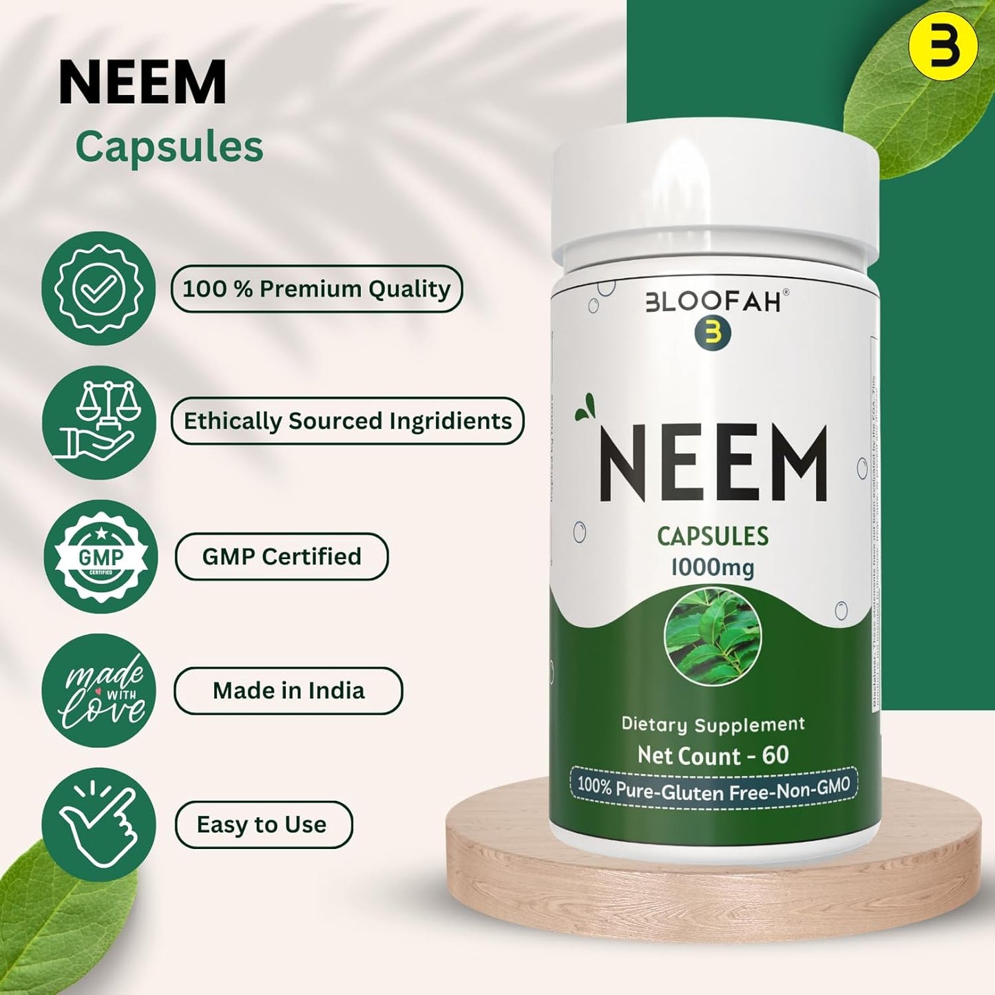 1000mg Bloofah Neem Leaf Capsules Powder | Pure Azadirachta Indica Herbal Supplement | Non-GMO, Gluten-Free (60 Count)