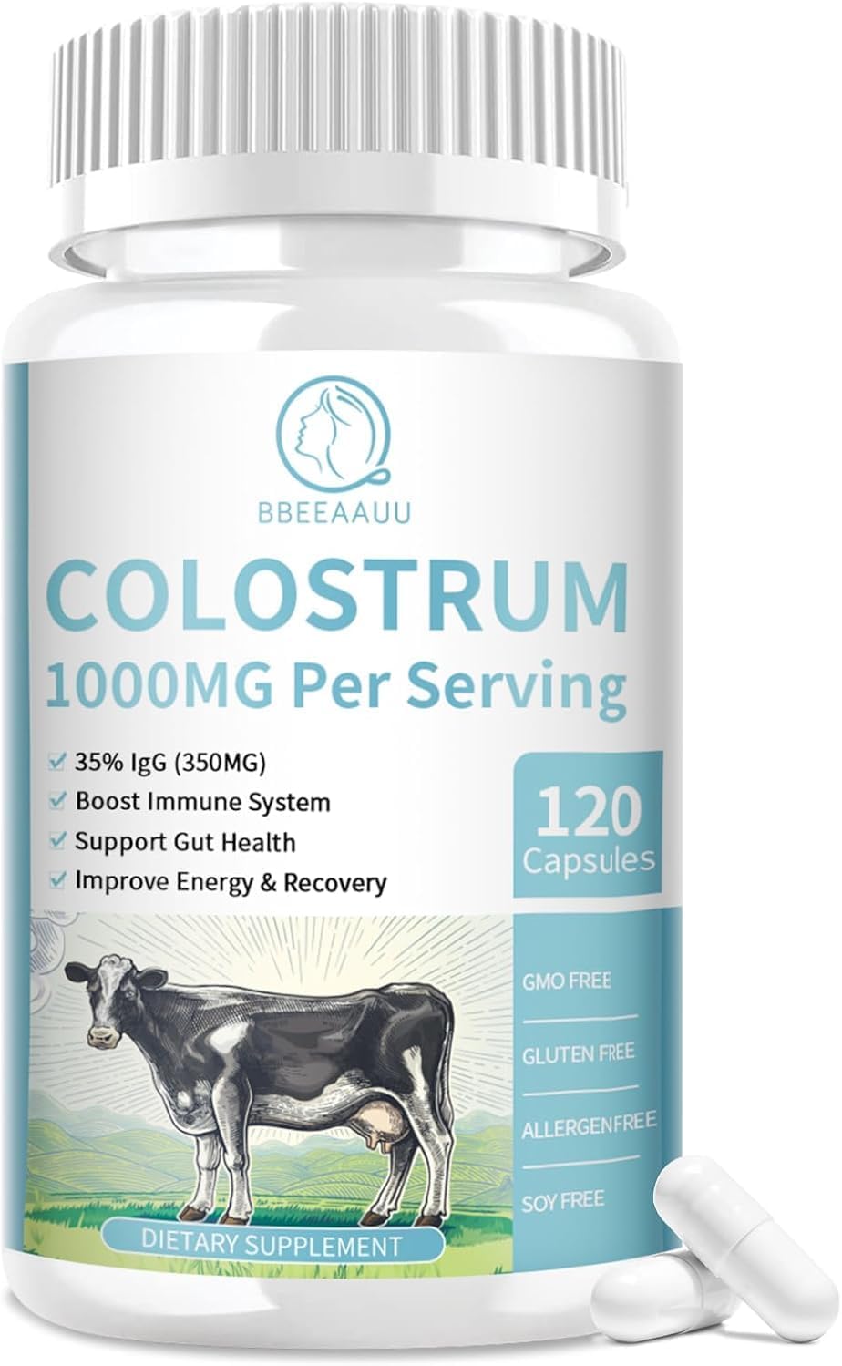 1000mg Bovine Colostrum Capsules with Lactoferrin - Immune Support & Muscle Recovery Supplement - 120 Capsules for Gut Health, Hair Growth, Gluten-Free & Non-GMO