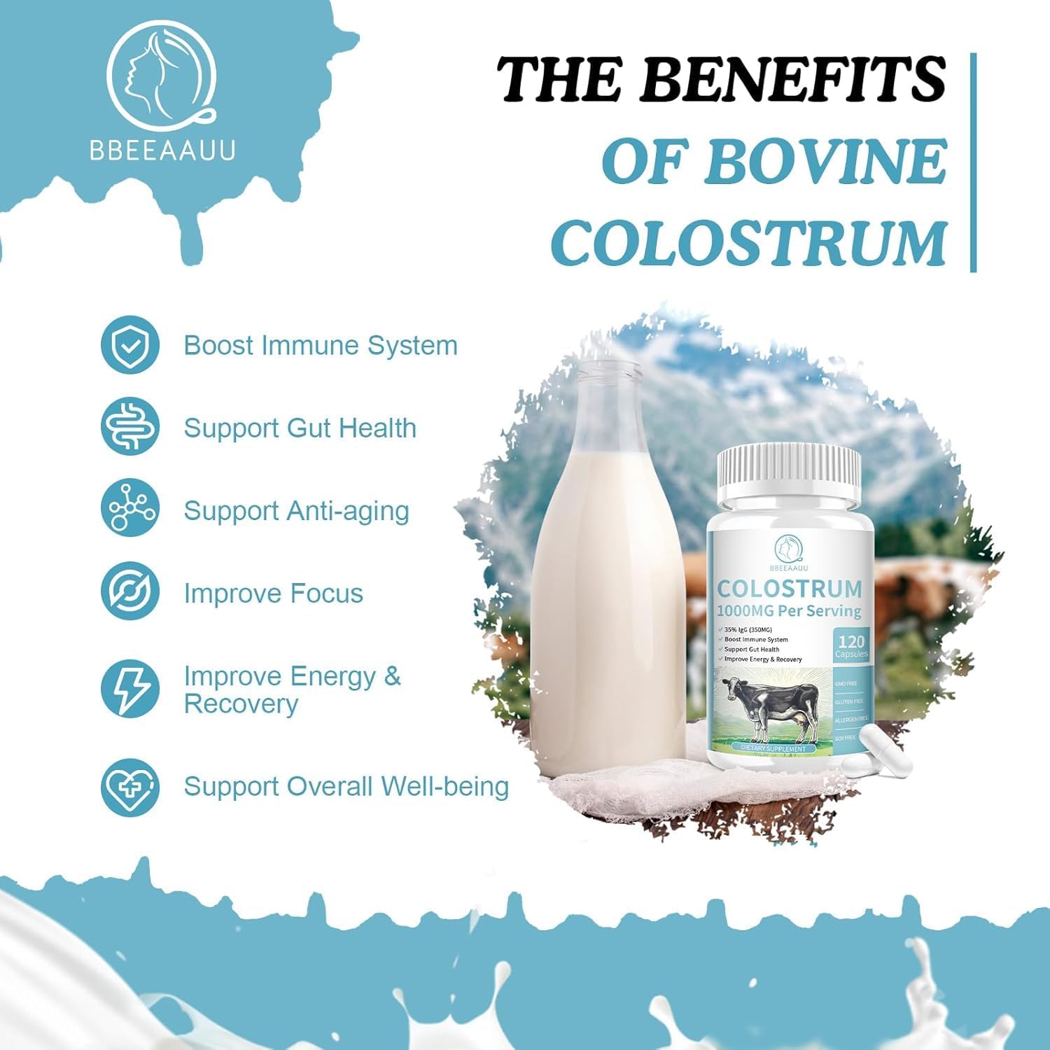 1000mg Bovine Colostrum Capsules with Lactoferrin - Immune Support & Muscle Recovery Supplement - 120 Capsules for Gut Health, Hair Growth, Gluten-Free & Non-GMO