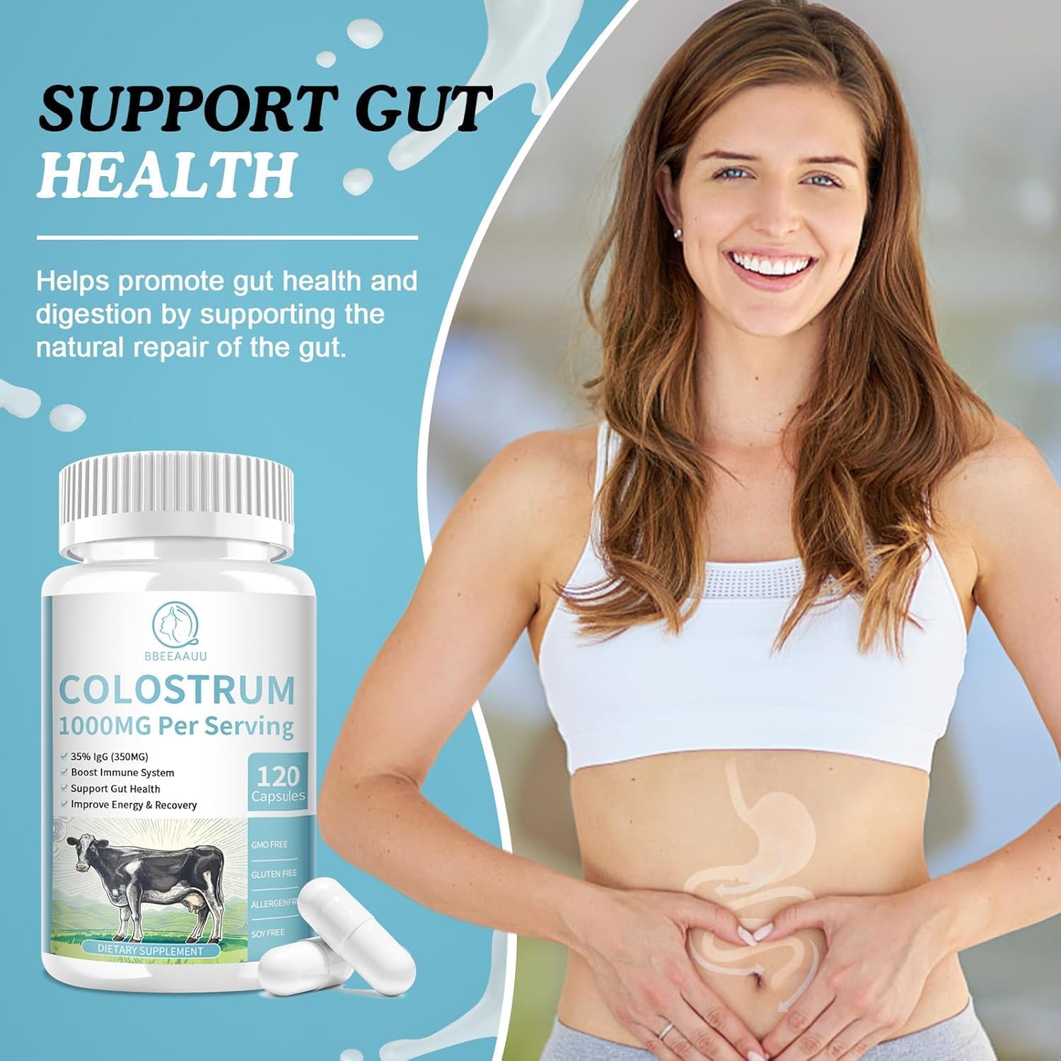1000mg Bovine Colostrum Capsules with Lactoferrin - Immune Support & Muscle Recovery Supplement - 120 Capsules for Gut Health, Hair Growth, Gluten-Free & Non-GMO