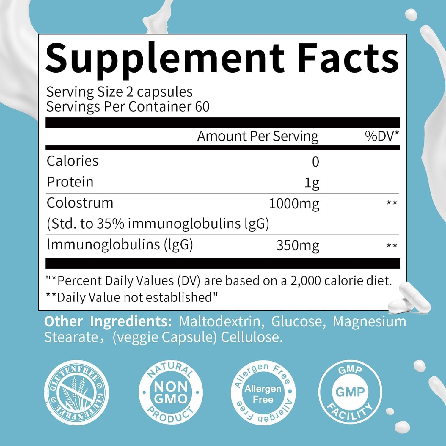 1000mg Bovine Colostrum Capsules with Lactoferrin - Immune Support & Muscle Recovery Supplement - 120 Capsules for Gut Health, Hair Growth, Gluten-Free & Non-GMO
