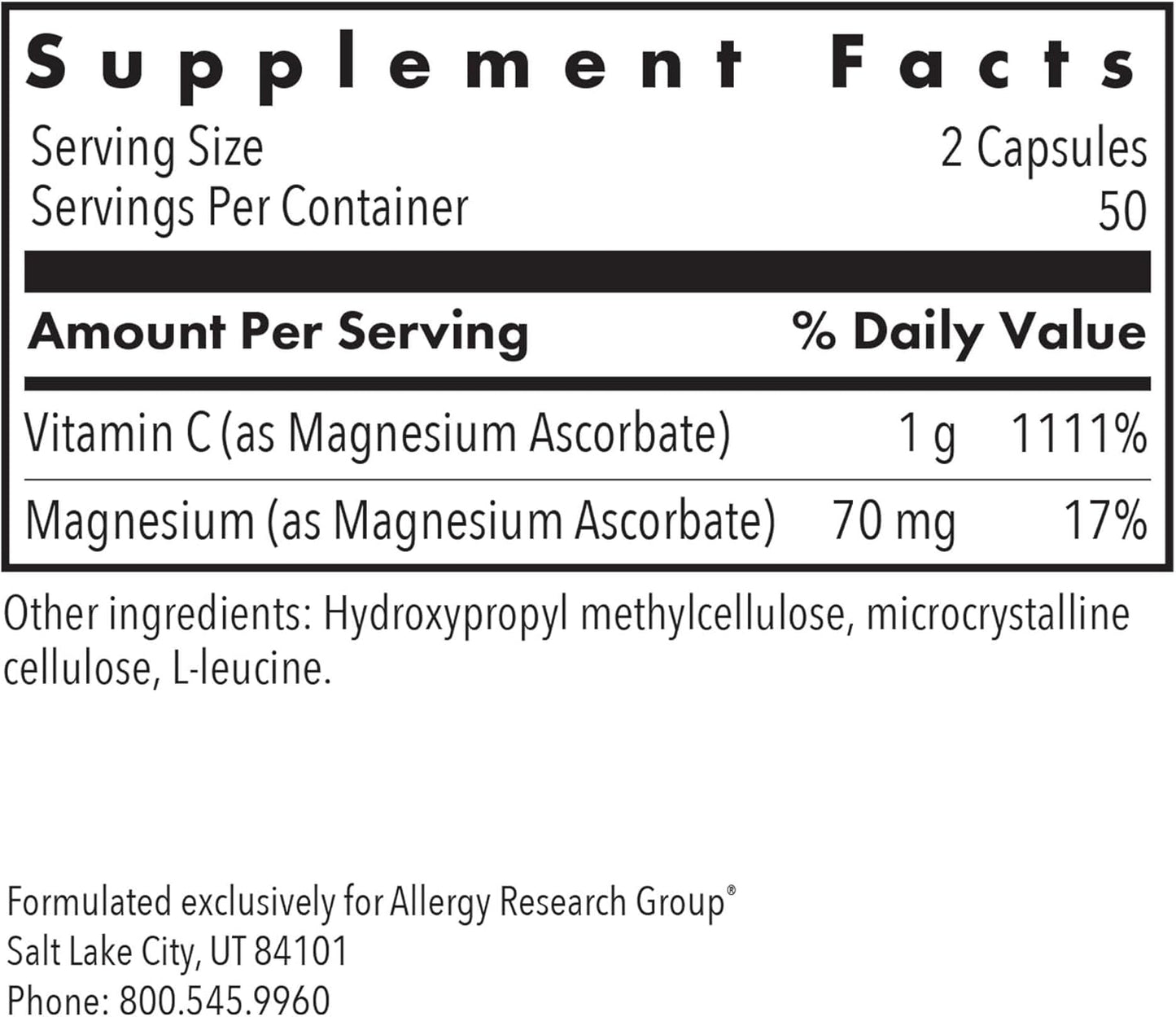 1000mg Buffered Vitamin C & Magnesium Powder Supplement - Immune Support, Vegetarian Capsules - 100 Count