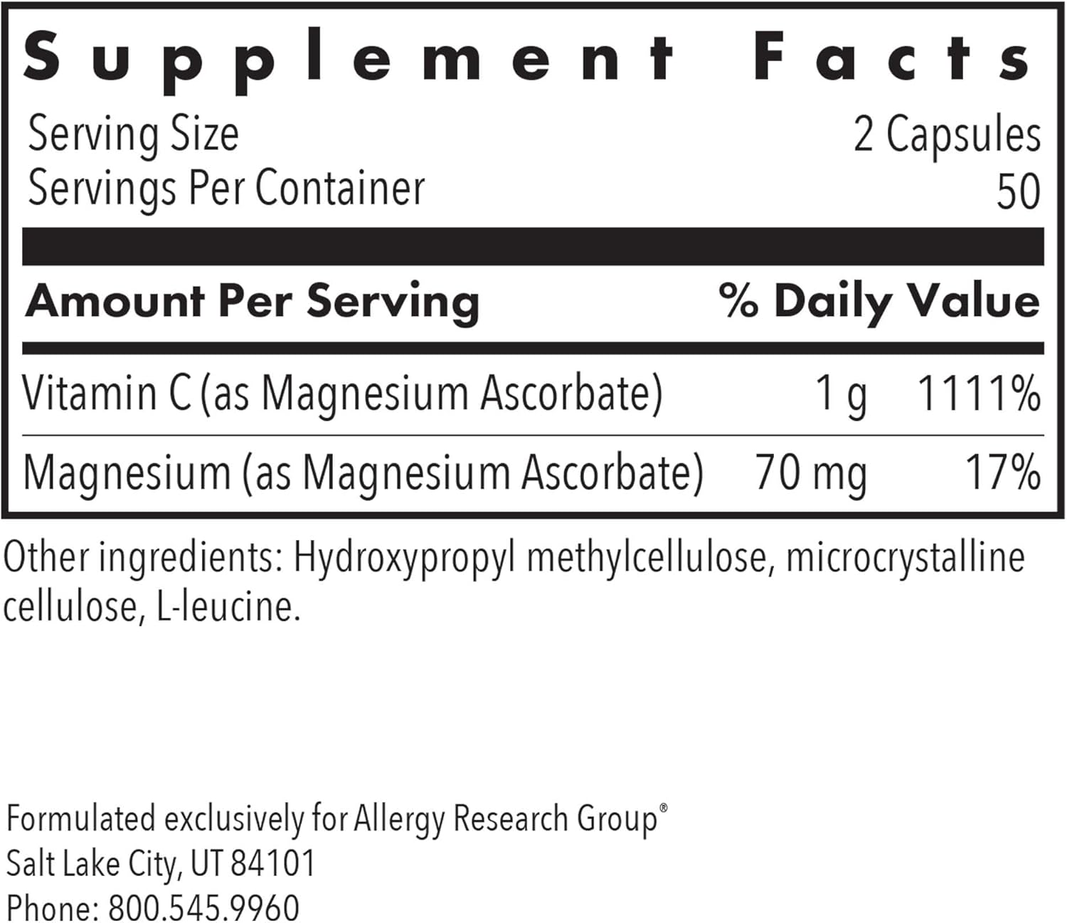 1000mg Buffered Vitamin C & Magnesium Powder Supplement - Immune Support, Vegetarian Capsules - 100 Count