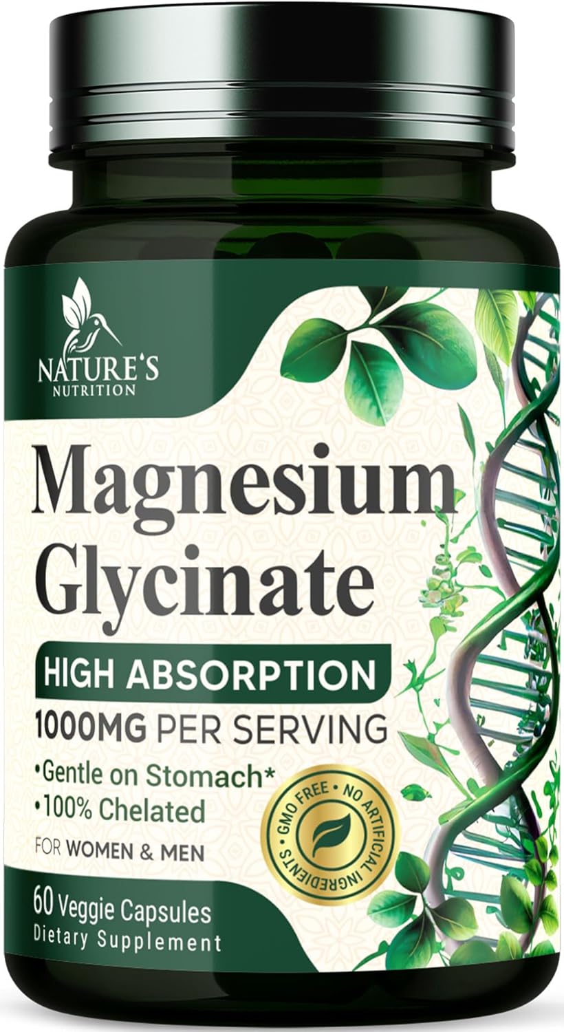 1000mg Chelated Magnesium Glycinate Supplement for Heart, Nerves, Bone, and Muscle Support - High Absorption for Men and Women - Vegan, Non-GMO - 60 Capsules