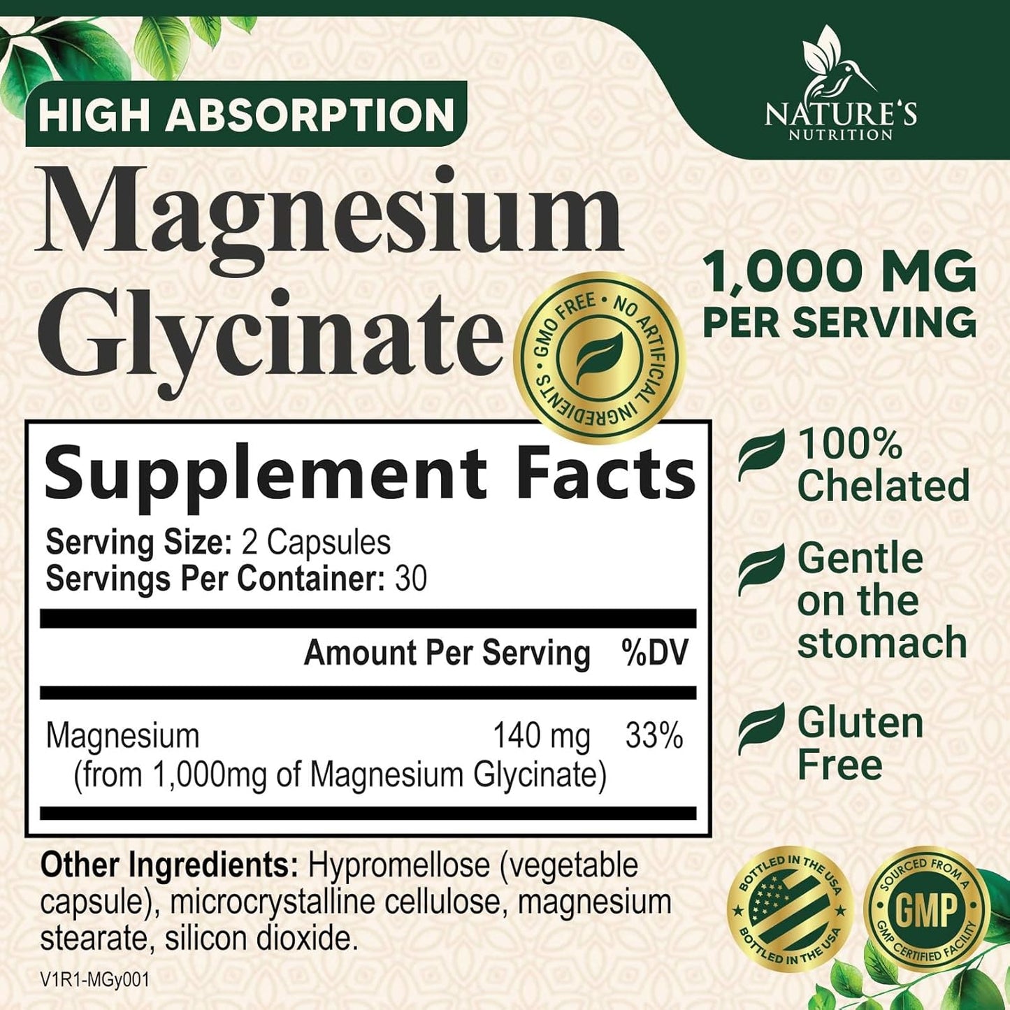 1000mg Chelated Magnesium Glycinate Supplement for Heart, Nerves, Bone, and Muscle Support - High Absorption for Men and Women - Vegan, Non-GMO - 60 Capsules