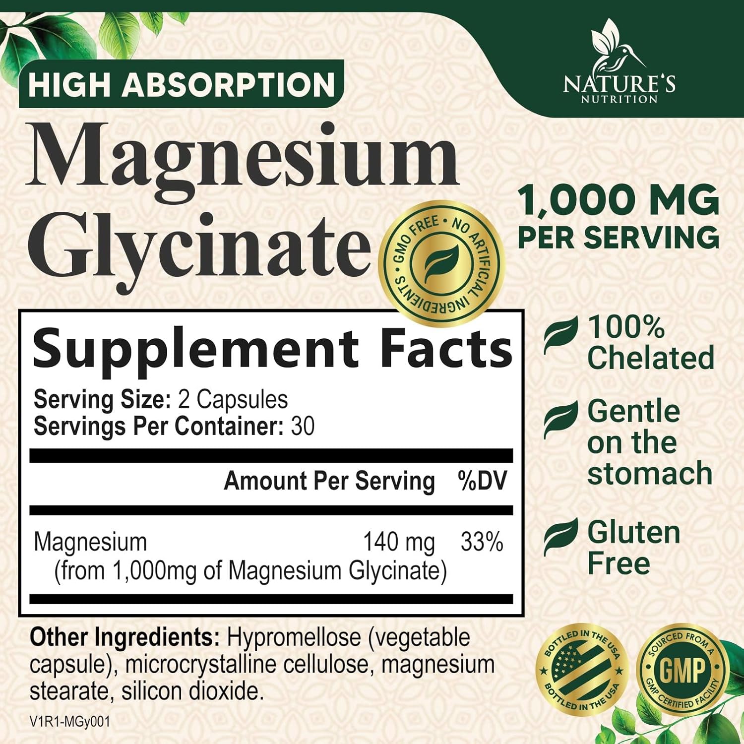 1000mg Chelated Magnesium Glycinate Supplement for Heart, Nerves, Bone, and Muscle Support - High Absorption for Men and Women - Vegan, Non-GMO - 60 Capsules